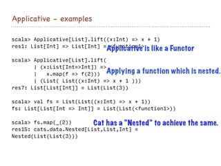 Applicative - examples
scala> Applicative[List].lift((x:Int) => x + 1)
res1: List[Int] => List[Int] = <function1>
scala> Applicative[List].lift(
| (x:List[Int=>Int]) =>
| x.map(f => f(2)))
| (List( List((x:Int) => x + 1 )))
res7: List[List[Int]] = List(List(3))
scala> val fs = List(List((x:Int) => x + 1))
fs: List[List[Int => Int]] = List(List(<function1>))
scala> fs.map(_(2))
res15: cats.data.Nested[List,List,Int] =
Nested(List(List(3)))
Applicative is like a Functor
Applying a function which is nested.
Cat has a “Nested” to achieve the same.
 
