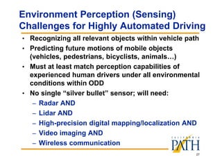 27
Environment Perception (Sensing)
Challenges for Highly Automated Driving
• Recognizing all relevant objects within vehicle path
• Predicting future motions of mobile objects
(vehicles, pedestrians, bicyclists, animals…)
• Must at least match perception capabilities of
experienced human drivers under all environmental
conditions within ODD
• No single “silver bullet” sensor; will need:
– Radar AND
– Lidar AND
– High-precision digital mapping/localization AND
– Video imaging AND
– Wireless communication
 