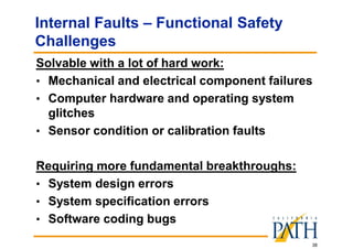 38
Internal Faults – Functional Safety
Challenges
Solvable with a lot of hard work:
• Mechanical and electrical component failures
• Computer hardware and operating system
glitches
• Sensor condition or calibration faults
Requiring more fundamental breakthroughs:
• System design errors
• System specification errors
• Software coding bugs
 