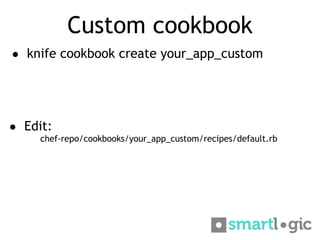 Custom cookbook
● knife cookbook create your_app_custom




● Edit:
     chef-repo/cookbooks/your_app_custom/recipes/defau...