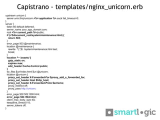 Capistrano - templates/nginx_unicorn.erb
upstream unicorn {
  server unix:/tmp/unicorn.<%= application %>.sock fail_timeou...