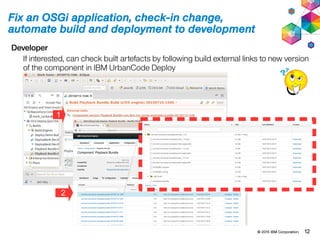 © 2015 IBM Corporation. 12
Fix an OSGi application, check-in change,
automate build and deployment to development
Developer
If interested, can check built artefacts by following build external links to new version
of the component in IBM UrbanCode Deploy
1
2
 