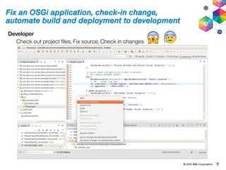 © 2015 IBM Corporation. 5
Fix an OSGi application, check-in change,
automate build and deployment to development
Developer
Check out project files, Fix source, Check in changes
 