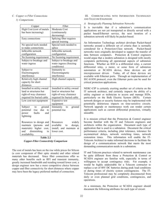 22
C. Copper vs Fiber Connections
1) Comparisons
Copper Fiber
High Cost (cost of metals
has been increasing)
Moderate Cost
(continuously
decreasing)
Easy connections Splicing fiber requires
special training
No special tools needed
to make connections
Special tools needed to
splice
Inflexible network
configuration
Inflexible network
configuration
No licensing requirement No licensing requirement
Subject to breakage and
water ingress
Subject to breakage and
water ingress (freezing
conditions)
Subject to
Electromagnetic
interference
Immunity to
Electromagnetic
interference
Relatively high channel
capacity for short
distances
High channel capacity
Installed in utility owned
land or structures but
right-of-way clearance
required for buried cable
Installed in utility owned
land or structures but
right-of-way clearance
required for buried cable
Low cost test equipment Expensive test
equipment
Subject to ground
potential rise due to
power faults and
lightning
Resources to design and
maintain (persons and
materials) higher cost,
and diminishing in
availability.
Immunity to ground
potential rise
Resources widely
available to design,
install, and maintain at
lower cost.
Table 2.2
Copper-Fiber Connectivity Comparison
The cost of metals has been on the rise while prices for Silicon
(a core component of fiber optic strands) and other related
materials has decreased. Since fiber connections offer so
many other benefits such as RFI and transient immunity,
greatly increased bandwidth and trending toward lower cost, a
design engineer now has a more competitive choice between
copper and fiber connectivity for short distances where copper
may have been the legacy preferred method of connection.
III. COMMUNICATING WITH INFORMATION TECHNOLOGY
AND TELECOM ENGINEERS
A. Strategically Planning Substation Networks
It is inevitable that if a substation’s communication
applications are not yet transported or directly served with a
packet based/Ethernet service, the next iteration of a
substation network will likely be packet-based.
An Information Technology architect develops Packet-based
networks around a different set of criteria than is normally
considered for a Protection-Class network. Packet-based
networks were originally developed to support the transfer of
data between computers. Protection & Control engineers
would argue that a modern substation is designed with mostly
computers performing all operational aspects of substation
functions. Whether an IED is a differential relay, a current
differential relay, a meter, or some form of substation
automation or SCADA device, these devices are all
microprocessor driven. Today, all of these devices are
available with Ethernet ports. Through an implementation of
IEC-61850 protocol, even the Ethernet ports can be used for
critical protection applications.
NERC-CIP is certainly exerting another set of criteria on the
IT network architect, and certainly impacts the ability of a
utility engineer or technician to access and manage IEDs,
particularly on the Bulk Electric System (BES). Certain
network designs or security features may be implemented with
potentially deleterious impacts on time-sensitive circuits.
Network upgrade or maintenance work can render certain
applications such as current differential protection, virtually
unusable.
It is mission critical that the Protection & Control engineer
become familiar with the IT and Telecom engineers and
architects within the organization. Document each type of
application that is used in a substation. Document the critical
performance criteria, including jitter tolerance, tolerance for
asymmetrical delays, network switching times, network
restoration times. This information will enable the IT-
Telecom Architect to make informed decisions to facilitate the
design of a communications network that meets the most
demanding communication needs in a substation.
IT and Telecom practices related to network maintenance can
be quite different from those a Protection & Control or
SCADA engineer are familiar with, especially in terms of
willingness to accept contingency risks. For example, it
would be highly undesirable for a Telecom contractor to
replace a set of 48V DC batteries during peak load conditions
or during times of electric system contingencies. The IT-
Telecom professional may be completely disconnected from
daily or even planned grid conditions, contingencies, and
operations.
At a minimum, the Protection or SCADA engineer should
document the following attributes for each type of circuit:
 