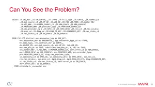 © 2014 MapR Technologies 33
select IR.ENC_KEY ,IR.ENCOUNTER_ ,IR.ETYPE ,IR.bill_type ,IR.CONTR_ ,IR.SOURCE_CD
,IR.sub_source_cd ,IR.HP_CD ,IR.LOB_CD ,IR.FDO ,IR.TDOS ,IR.member_Nbr
,IR.HIC_NBR ,IR.MEMBER_SOURCE_CD ,IR.HDR_ERRCD ,IR.HDR_ERRDESC
,IR.PROVIDER_NBR ,IR.provider_type ,IR.PROVIDER_SOURCE_CD
,IR.cms_provider_ty e ,IR.SPEC_CD ,IR.SPEC_DESC ,IR.rev_cd ,IR.rev_cd_desc
,IR.proc_cd ,IR.diag_cd ,IR.DIAG_CD_KEY ,IR.DIAGNOSIS_KEY ,IR.rec_state_cd
,IR.rec_status_cd ,IR.DG_ERRCD ,IR.DG_ERRDESC
FROM (SELECT distinct enc.encounter_key as ENC_KEY,
enc.encounter_nbr as ENCOUNTER_, typ.encounter_type_cd as ETYPE,
bt.bill_type, cnt.contract_nbr as CONTR_,
ds.SOURCE_CD, enc.sub_source_cd, enc.HP_CD, lob.LOB_CD,
enc.new_min_dt as FDOS, substr(enc.new_max_dt, 1, 10) as TDOS,
enc.member_Nbr, m.HIC_NBR, m.MEMBER_SOURCE_CD, eerr.error_cd as HDR_ERRCD,
eerr.ERROR_DESC as HDR_ERRDESC, enc.PROVIDER_NBR, prv.provider_type,
prv.PROVIDER_SOURCE_CD, diag.cms_provider_type,
sp.specialty_cd as SPEC_CD, sp.specialty_desc as SPEC_DESC, svc.rev_cd,
rev.rev_cd_desc, svc.proc_cd, dgcd.diag_cd, dgcd.DIAG_CD_KEY, diag.DIAGNOSIS_KEY,
st.rec_state_cd, sts.rec_status_cd, derr.error_cd as DG_ERRCD,
derr.error_desc as DG_ERRDESC
FROM oicpcuhg.ir_encounter enc
`
Can You See the Problem?
 