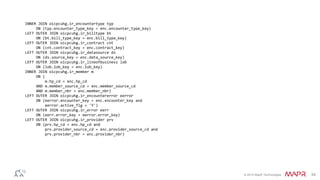 © 2014 MapR Technologies 34
INNER JOIN oicpcuhg.ir_encountertype typ
ON (typ.encounter_type_key = enc.encounter_type_key)
LEFT OUTER JOIN oicpcuhg.ir_billtype bt
ON (bt.bill_type_key = enc.bill_type_key)
LEFT OUTER JOIN oicpcuhg.ir_contract cnt
ON (cnt.contract_key = enc.contract_key)
LEFT OUTER JOIN oicpcuhg.ir_datasource ds
ON (ds.source_key = enc.data_source_key)
LEFT OUTER JOIN oicpcuhg.ir_lineofbusiness lob
ON (lob.lob_key = enc.lob_key)
INNER JOIN oicpcuhg.ir_member m
ON (
m.hp_cd = enc.hp_cd
AND m.member_source_cd = enc.member_source_cd
AND m.member_nbr = enc.member_nbr)
LEFT OUTER JOIN oicpcuhg.ir_encountererror eerror
ON (eerror.encounter_key = enc.encounter_key and
eerror.active_flg = 'Y')
LEFT OUTER JOIN oicpcuhg.ir_error eerr
ON (eerr.error_key = eerror.error_key)
LEFT OUTER JOIN oicpcuhg.ir_provider prv
ON (prv.hp_cd = enc.hp_cd and
prv.provider_source_cd = enc.provider_source_cd and
prv.provider_nbr = enc.provider_nbr)
 