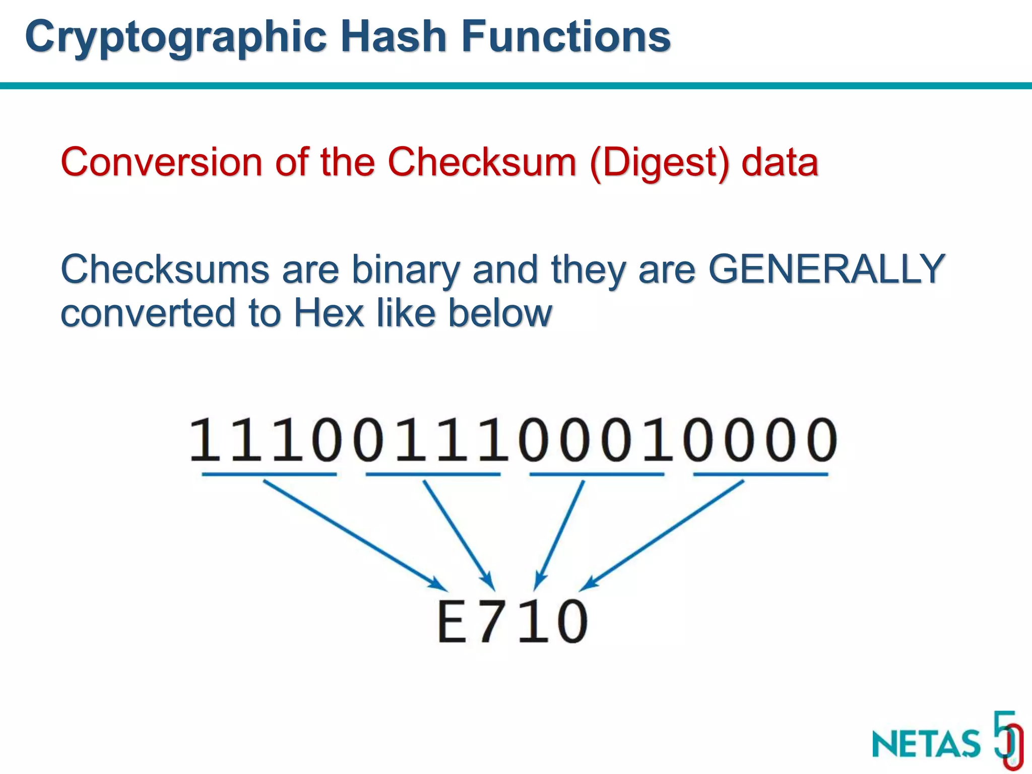 DEVOPS Zirvesi 2017 Conversion of the Checksum (Digest) data Checksums are binary and they are GENERALLY converted to Hex like below Cryptographic Hash Functions 