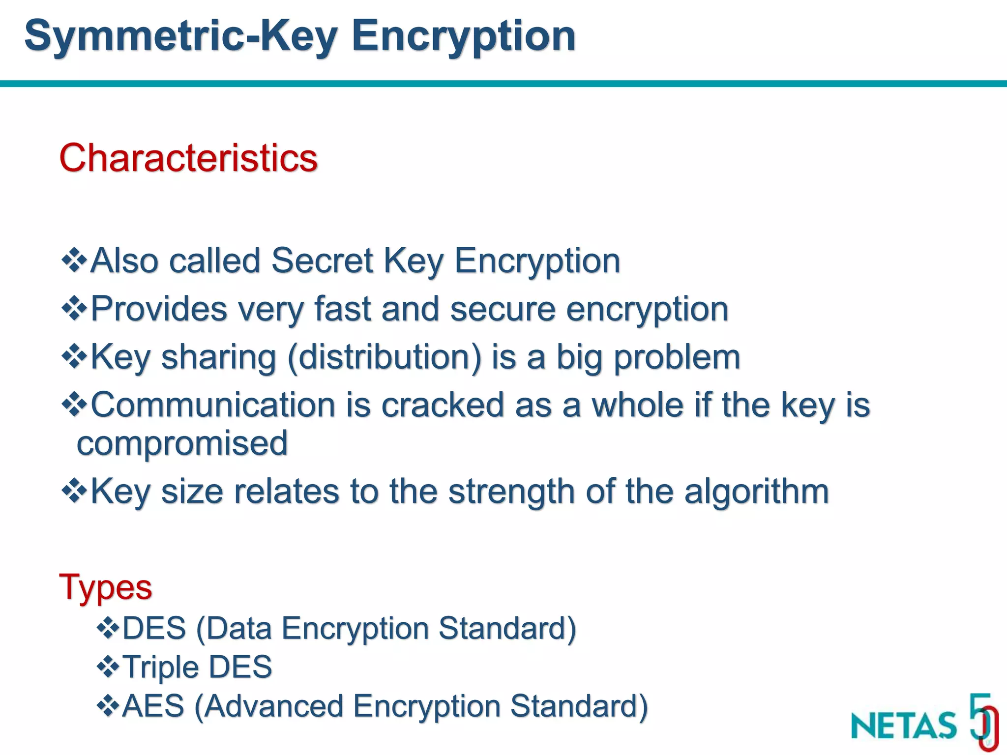 DEVOPS Zirvesi 2017 Characteristics Also called Secret Key Encryption Provides very fast and secure encryption Key sharing (distribution) is a big problem Communication is cracked as a whole if the key is compromised Key size relates to the strength of the algorithm Types DES (Data Encryption Standard) Triple DES AES (Advanced Encryption Standard) Symmetric-Key Encryption 