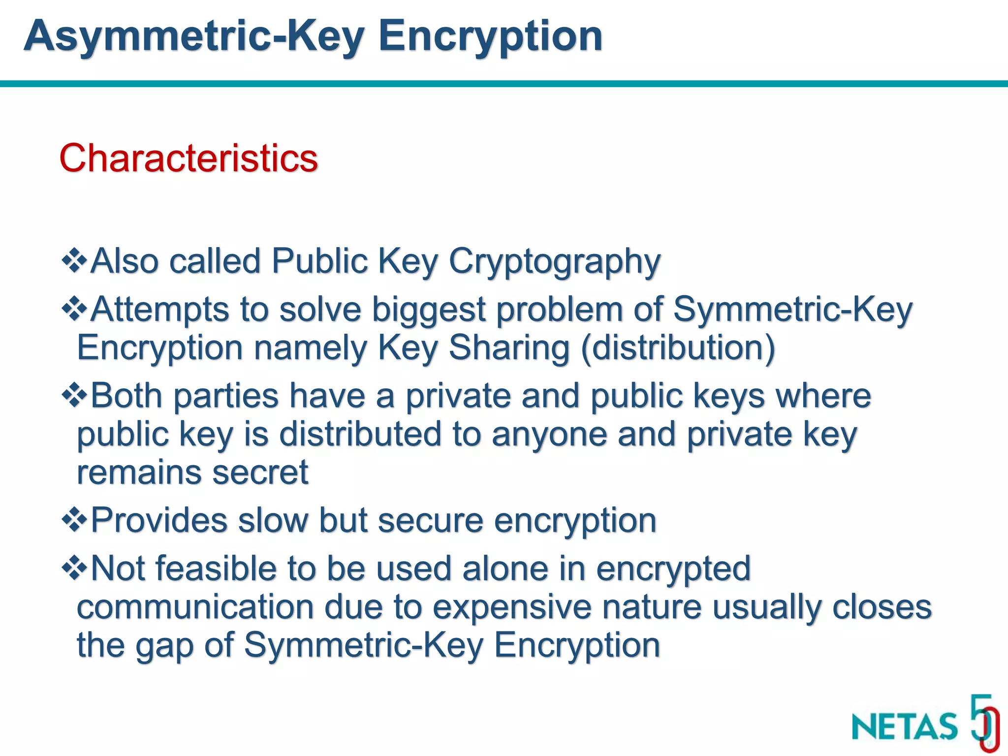 DEVOPS Zirvesi 2017 Characteristics Also called Public Key Cryptography Attempts to solve biggest problem of Symmetric-Key Encryption namely Key Sharing (distribution) Both parties have a private and public keys where public key is distributed to anyone and private key remains secret Provides slow but secure encryption Not feasible to be used alone in encrypted communication due to expensive nature usually closes the gap of Symmetric-Key Encryption Asymmetric-Key Encryption 