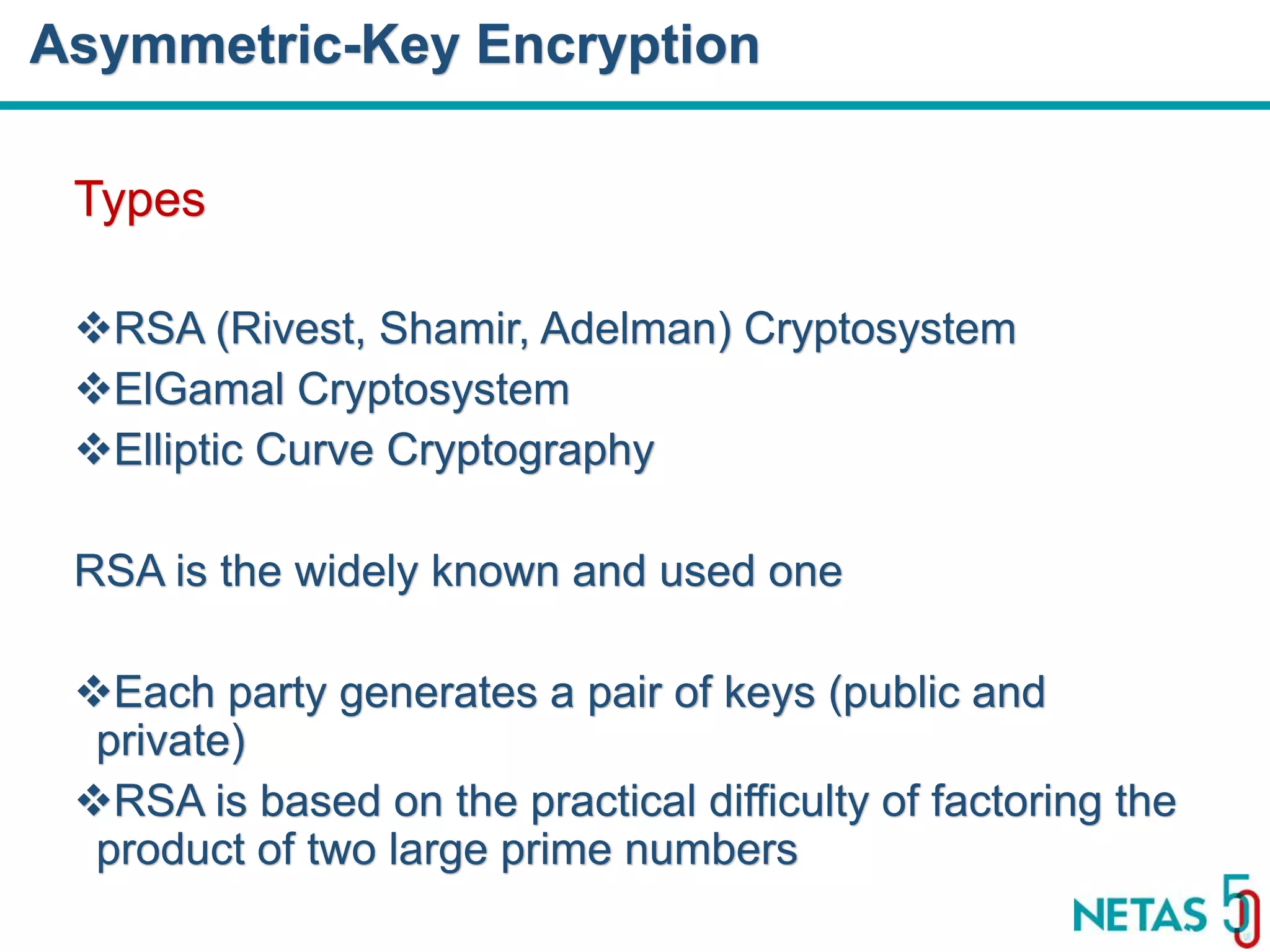 DEVOPS Zirvesi 2017 Types RSA (Rivest, Shamir, Adelman) Cryptosystem ElGamal Cryptosystem Elliptic Curve Cryptography RSA is the widely known and used one Each party generates a pair of keys (public and private) RSA is based on the practical difficulty of factoring the product of two large prime numbers Asymmetric-Key Encryption 