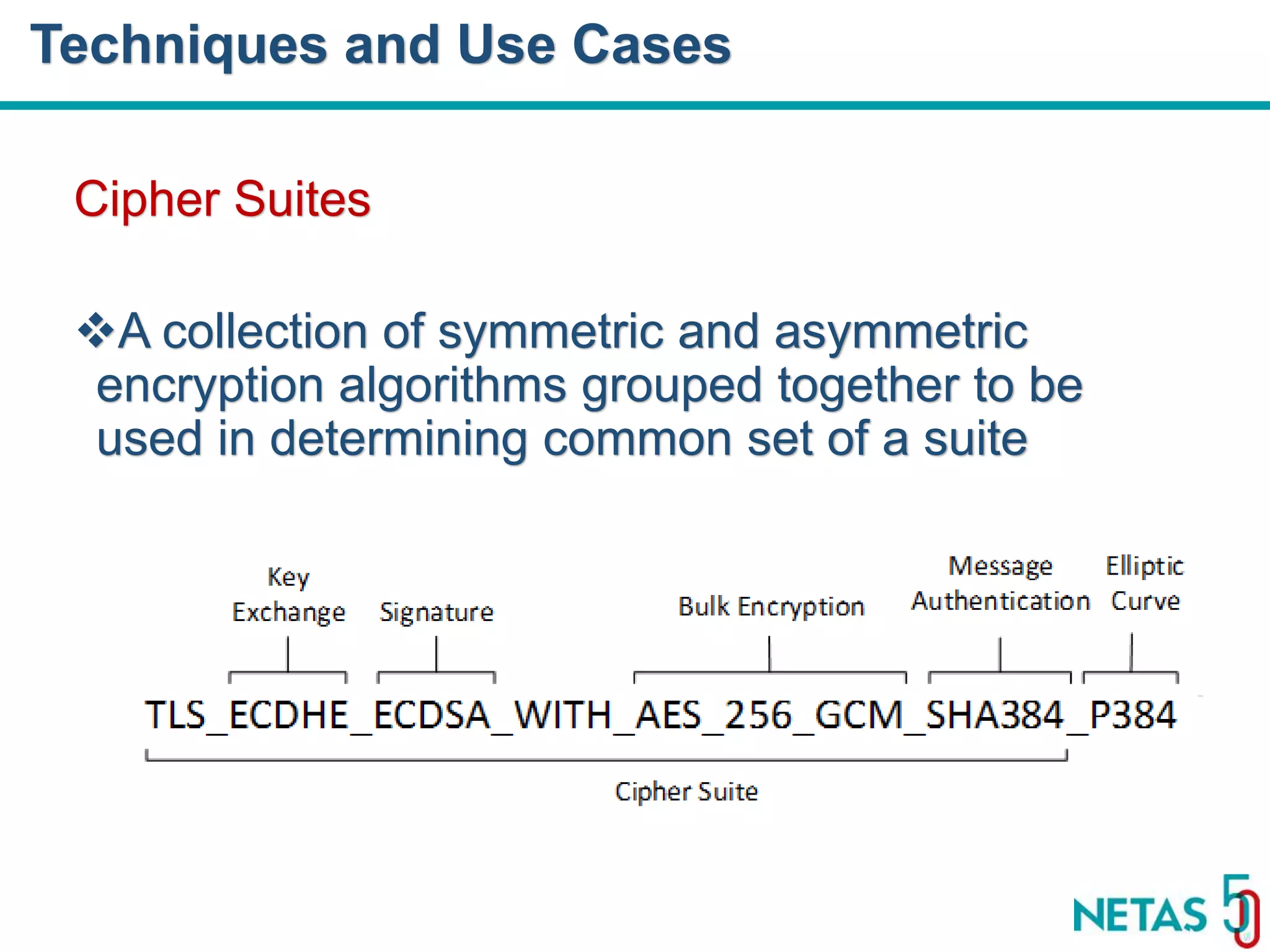 DEVOPS Zirvesi 2017 Cipher Suites A collection of symmetric and asymmetric encryption algorithms grouped together to be used in determining common set of a suite Techniques and Use Cases 
