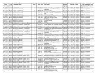 Exam
Session
Prog
Code
Program Name Sem SubCode SubName Exmca
tegory
Date of Exam Time of Exam/Link/
Username /Password
Nov,2021 BO201 Bachelor of Optometry 3 20UCX-242 Introduction to Management and
Leadership
Regular 24-11-2021 to 27-11-2021 HOD to be contacted
Nov,2021 BO201 Bachelor of Optometry 3 20UCX-249 Entrepreneurship Regular 24-11-2021 to 27-11-2021 HOD to be contacted
Nov,2021 BO201 Bachelor of Optometry 5 OMP-306 Binocular Vision and Ocular Motility -
Lab
Regular 24-11-2021 to 27-11-2021 HOD to be contacted
Nov,2021 BO201 Bachelor of Optometry 5 OMP-307 Contact Lens I- Lab Regular 24-11-2021 to 27-11-2021 HOD to be contacted
Nov,2021 BO201 Bachelor of Optometry 5 OMP-308 Clinical Refraction-II Lab Regular 24-11-2021 to 27-11-2021 HOD to be contacted
Nov,2021 BO201 Bachelor of Optometry 5 OMP-309 Low Vision Aids and Visual
Rehabilitation- Lab
Regular 24-11-2021 to 27-11-2021 HOD to be contacted
Nov,2021 BO201 Bachelor of Optometry 7 OMI-401 Hospital Training Regular 24-11-2021 to 27-11-2021 HOD to be contacted
Nov,2021 BO201 Bachelor of Optometry 7 OMR-402 Project- I Regular 24-11-2021 to 27-11-2021 HOD to be contacted
Nov,2021 BO202 Bachelor of Optometry - Lateral Entry 3 20OMM-218 MOOCs Regular 24-11-2021 to 27-11-2021 HOD to be contacted
Nov,2021 BO202 Bachelor of Optometry - Lateral Entry 3 20OMP-215 Ocular Anatomy and Physiology -II Lab Regular 24-11-2021 to 27-11-2021 HOD to be contacted
Nov,2021 BO202 Bachelor of Optometry - Lateral Entry 3 20OMP-216 General Pharmacology - Lab Regular 24-11-2021 to 27-11-2021 HOD to be contacted
Nov,2021 BO202 Bachelor of Optometry - Lateral Entry 3 20OMP-217 Ophthalmic and Optical Instrumentation
and Procedure I- Lab
Regular 24-11-2021 to 27-11-2021 HOD to be contacted
Nov,2021 BO202 Bachelor of Optometry - Lateral Entry 3 20UCX-242 Introduction to Management and
Leadership
Regular 24-11-2021 to 27-11-2021 HOD to be contacted
Nov,2021 BO202 Bachelor of Optometry - Lateral Entry 3 20UCX-249 Entrepreneurship Regular 24-11-2021 to 27-11-2021 HOD to be contacted
Nov,2021 BP201 Bachelor of Pharmacy 3 20PHP-215 Pharmaceutical Organic Chemistry-II Lab Regular 24-11-2021 to 27-11-2021 HOD to be contacted
Nov,2021 BP201 Bachelor of Pharmacy 3 20PHP-216 Physical Pharmaceutics -I Lab Regular 24-11-2021 to 27-11-2021 HOD to be contacted
Nov,2021 BP201 Bachelor of Pharmacy 3 20PHP-217 Pharmaceutical Microbiology Lab Regular 24-11-2021 to 27-11-2021 HOD to be contacted
Nov,2021 BP201 Bachelor of Pharmacy 3 20PHP-218 Pharmaceutical Engineering Lab Regular 24-11-2021 to 27-11-2021 HOD to be contacted
Nov,2021 BP201 Bachelor of Pharmacy 3 20UCX-242 Introduction to Management and
Leadership
Regular 24-11-2021 to 27-11-2021 HOD to be contacted
Nov,2021 BP201 Bachelor of Pharmacy 3 20UCX-249 Entrepreneurship Regular 24-11-2021 to 27-11-2021 HOD to be contacted
Nov,2021 BP201 Bachelor of Pharmacy 5 PHP-306 Industrial Pharmacy-I-Lab Regular 24-11-2021 to 27-11-2021 HOD to be contacted
Nov,2021 BP201 Bachelor of Pharmacy 5 PHP-307 Pharmacology-II-Lab Regular 24-11-2021 to 27-11-2021 HOD to be contacted
Nov,2021 BP201 Bachelor of Pharmacy 5 PHP-308 PHARMACOGNOSY AND
PHYTOCHEMISTRY-II-Lab
Regular 24-11-2021 to 27-11-2021 HOD to be contacted
Nov,2021 BP201 Bachelor of Pharmacy 7 PHI-407 Practice School Regular 24-11-2021 to 27-11-2021 HOD to be contacted
Nov,2021 BP201 Bachelor of Pharmacy 7 PHP-406 Instrumental Methods of Analysis-Lab Regular 24-11-2021 to 27-11-2021 HOD to be contacted
Nov,2021 BP203 Bachelor of Pharmacy (Lateral Entry) 3 20PHP-215 Pharmaceutical Organic Chemistry-II Lab Regular 24-11-2021 to 27-11-2021 HOD to be contacted
Nov,2021 BP203 Bachelor of Pharmacy (Lateral Entry) 3 20PHP-216 Physical Pharmaceutics -I Lab Regular 24-11-2021 to 27-11-2021 HOD to be contacted
Nov,2021 BP203 Bachelor of Pharmacy (Lateral Entry) 3 20PHP-217 Pharmaceutical Microbiology Lab Regular 24-11-2021 to 27-11-2021 HOD to be contacted
Nov,2021 BP203 Bachelor of Pharmacy (Lateral Entry) 3 20PHP-218 Pharmaceutical Engineering Lab Regular 24-11-2021 to 27-11-2021 HOD to be contacted
Nov,2021 BP203 Bachelor of Pharmacy (Lateral Entry) 3 20UCX-242 Introduction to Management and
Leadership
Regular 24-11-2021 to 27-11-2021 HOD to be contacted
Nov,2021 BP203 Bachelor of Pharmacy (Lateral Entry) 3 20UCX-249 Entrepreneurship Regular 24-11-2021 to 27-11-2021 HOD to be contacted
Nov,2021 BP203 Bachelor of Pharmacy (Lateral Entry) 5 PHP-306 Industrial Pharmacy-I-Lab Regular 24-11-2021 to 27-11-2021 HOD to be contacted
Nov,2021 BP203 Bachelor of Pharmacy (Lateral Entry) 5 PHP-307 Pharmacology-II-Lab Regular 24-11-2021 to 27-11-2021 HOD to be contacted
Nov,2021 BP203 Bachelor of Pharmacy (Lateral Entry) 5 PHP-308 PHARMACOGNOSY AND
PHYTOCHEMISTRY-II-Lab
Regular 24-11-2021 to 27-11-2021 HOD to be contacted
 