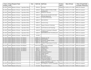 Exam
Session
Prog
Code
Program Name Sem SubCode SubName Exmca
tegory
Date of Exam Time of Exam/Link/
Username /Password
Nov,2021 BS202 Bachelor of Science - Agriculture (Hons.) 5 TDP-305 Soft Skills Regular 24-11-2021 to 27-11-2021 HOD to be contacted
Nov,2021 BS202 Bachelor of Science - Agriculture (Hons.) 7 AGR-401 RURAL AGRICULTURAL WORK
EXPERIENCE
Regular 24-11-2021 to 27-11-2021 HOD to be contacted
Nov,2021 BS202 Bachelor of Science - Agriculture (Hons.) 7 AGR-411 Mushroom Cultivation Regular 24-11-2021 to 27-11-2021 HOD to be contacted
Nov,2021 BS202 Bachelor of Science - Agriculture (Hons.) 7 AGR-412 SOIL, PLANT, WATER AND SEED
TESTING SERVICES
Regular 24-11-2021 to 27-11-2021 HOD to be contacted
Nov,2021 BS202 Bachelor of Science - Agriculture (Hons.) 7 AGR-413 Commercial Horticulture Regular 24-11-2021 to 27-11-2021 HOD to be contacted
Nov,2021 BS202 Bachelor of Science - Agriculture (Hons.) 7 AGR-415 BEE KEEPING Regular 24-11-2021 to 27-11-2021 HOD to be contacted
Nov,2021 BS202 Bachelor of Science - Agriculture (Hons.) 7 AGR-421 food processing Regular 24-11-2021 to 27-11-2021 HOD to be contacted
Nov,2021 BS202 Bachelor of Science - Agriculture (Hons.) 7 AGR-422 Organic Production Technology Regular 24-11-2021 to 27-11-2021 HOD to be contacted
Nov,2021 BS202 Bachelor of Science - Agriculture (Hons.) 7 AGR-423 Seed Production and Technology Regular 24-11-2021 to 27-11-2021 HOD to be contacted
Nov,2021 BS202 Bachelor of Science - Agriculture (Hons.) 7 AGR-424 Production Technology for Bioagents
and Biofertilizer
Regular 24-11-2021 to 27-11-2021 HOD to be contacted
Nov,2021 BS202 Bachelor of Science - Agriculture (Hons.) 7 AGR-425 MICROPROGATION TECHNOLOGY Regular 24-11-2021 to 27-11-2021 HOD to be contacted
Nov,2021 BS202 Bachelor of Science - Agriculture (Hons.) 7 AGI-402 Regular 24-11-2021 to 27-11-2021 HOD to be contacted
Nov,2021 BS203 Bachelor of Science -Non Medical 3 20SHP-233 Chemistry Lab -III Regular 24-11-2021 to 27-11-2021 HOD to be contacted
Nov,2021 BS203 Bachelor of Science -Non Medical 3 20SMM-235 MOOCS(MNG) Regular 24-11-2021 to 27-11-2021 HOD to be contacted
Nov,2021 BS203 Bachelor of Science -Non Medical 3 20SMY-221 Institutional Summer Training Regular 24-11-2021 to 27-11-2021 HOD to be contacted
Nov,2021 BS203 Bachelor of Science -Non Medical 3 20SPP-213 Physics Lab-III Regular 24-11-2021 to 27-11-2021 HOD to be contacted
Nov,2021 BS203 Bachelor of Science -Non Medical 3 20SPP-245 Computer Programming for Scientists
Lab
Regular 24-11-2021 to 27-11-2021 HOD to be contacted
Nov,2021 BS203 Bachelor of Science -Non Medical 3 20UCX-247 Gender Equity and Women
Empowerment
Regular 24-11-2021 to 27-11-2021 HOD to be contacted
Nov,2021 BS203 Bachelor of Science -Non Medical 5 SHP-307 Chemistry Lab-V Regular 24-11-2021 to 27-11-2021 HOD to be contacted
Nov,2021 BS203 Bachelor of Science -Non Medical 5 SMI-314 Field Project Regular 24-11-2021 to 27-11-2021 HOD to be contacted
Nov,2021 BS203 Bachelor of Science -Non Medical 5 SPP-308 Physics Lab-V Regular 24-11-2021 to 27-11-2021 HOD to be contacted
Nov,2021 BS204 Bachelor of Fine Arts 3 20FAA-204 Drawing & Illustration-I Regular 24-11-2021 to 27-11-2021 HOD to be contacted
Nov,2021 BS204 Bachelor of Fine Arts 3 20FAA-205 Graphic Design-I Regular 24-11-2021 to 27-11-2021 HOD to be contacted
Nov,2021 BS204 Bachelor of Fine Arts 3 20FAA-206 Design 3-D Regular 24-11-2021 to 27-11-2021 HOD to be contacted
Nov,2021 BS204 Bachelor of Fine Arts 3 20FAA-207 Press Layout - I Regular 24-11-2021 to 27-11-2021 HOD to be contacted
Nov,2021 BS204 Bachelor of Fine Arts 3 20FAB-204 Head Study/ Portrait-I Regular 24-11-2021 to 27-11-2021 HOD to be contacted
Nov,2021 BS204 Bachelor of Fine Arts 3 20FAB-205 Study from full figure - I Regular 24-11-2021 to 27-11-2021 HOD to be contacted
Nov,2021 BS204 Bachelor of Fine Arts 3 20FAB-206 Composition Painting - I Regular 24-11-2021 to 27-11-2021 HOD to be contacted
Nov,2021 BS204 Bachelor of Fine Arts 3 20FAB-207 Creative Composition -I (optional) Print
making/ Mural/ Photography
Regular 24-11-2021 to 27-11-2021 HOD to be contacted
Nov,2021 BS204 Bachelor of Fine Arts 5 FAA-305 Press/Magazine Layout & Typography-I Regular 24-11-2021 to 27-11-2021 HOD to be contacted
Nov,2021 BS204 Bachelor of Fine Arts 5 FAA-306 Design & Illustration- I Regular 24-11-2021 to 27-11-2021 HOD to be contacted
 