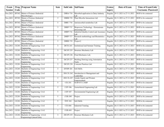 Exam
Session
Prog
Code
Program Name Sem SubCode SubName Exmca
tegory
Date of Exam Time of Exam/Link/
Username /Password
Nov,2021 BT302 Master of Science (Industrial
Microbiology)
3 20BIA-718 Microbial application in Dairy Industry
Lab
Regular 24-11-2021 to 27-11-2021 HOD to be contacted
Nov,2021 BT302 Master of Science (Industrial
Microbiology)
3 20BIB-718 Plant Microbe Interactions Lab Regular 24-11-2021 to 27-11-2021 HOD to be contacted
Nov,2021 BT302 Master of Science (Industrial
Microbiology)
3 20BIC-718 Antimicrobial metabolites Lab Regular 24-11-2021 to 27-11-2021 HOD to be contacted
Nov,2021 BT302 Master of Science (Industrial
Microbiology)
3 20BIP-715 Bioprocess Technology - Downstream
processing Lab
Regular 24-11-2021 to 27-11-2021 HOD to be contacted
Nov,2021 BT302 Master of Science (Industrial
Microbiology)
3 20BIP-716 Industrial Quality Control and Assurance
Lab
Regular 24-11-2021 to 27-11-2021 HOD to be contacted
Nov,2021 BT302 Master of Science (Industrial
Microbiology)
3 20BIP-717 Research methodology and Biostatistics
Lab
Regular 24-11-2021 to 27-11-2021 HOD to be contacted
Nov,2021 BT302 Master of Science (Industrial
Microbiology)
3 20BIR-719 Project-I Regular 24-11-2021 to 27-11-2021 HOD to be contacted
Nov,2021 CE201 Bachelor of Engineering- Civil
Engineering
3 20CEI-241 Institutional and Summer Training Regular 24-11-2021 to 27-11-2021 HOD to be contacted
Nov,2021 CE201 Bachelor of Engineering- Civil
Engineering
3 20CEP-235 Structure Mechanics Lab Regular 24-11-2021 to 27-11-2021 HOD to be contacted
Nov,2021 CE201 Bachelor of Engineering- Civil
Engineering
3 20CEP-236 Fluid Mechanics Lab. Regular 24-11-2021 to 27-11-2021 HOD to be contacted
Nov,2021 CE201 Bachelor of Engineering- Civil
Engineering
3 20CEP-237 Building Drawing using Automation
Tools
Regular 24-11-2021 to 27-11-2021 HOD to be contacted
Nov,2021 CE201 Bachelor of Engineering- Civil
Engineering
3 20CEP-238 Concrete Practices Lab Regular 24-11-2021 to 27-11-2021 HOD to be contacted
Nov,2021 CE201 Bachelor of Engineering- Civil
Engineering
3 20TDP-201 Soft Skills Regular 24-11-2021 to 27-11-2021 HOD to be contacted
Nov,2021 CE201 Bachelor of Engineering- Civil
Engineering
3 20UCX-242 Introduction to Management and
Leadership
Regular 24-11-2021 to 27-11-2021 HOD to be contacted
Nov,2021 CE201 Bachelor of Engineering- Civil
Engineering
3 20UCX-247 Gender Equity and Women
Empowerment
Regular 24-11-2021 to 27-11-2021 HOD to be contacted
Nov,2021 CE201 Bachelor of Engineering- Civil
Engineering
5 CEI-341 SURVEY CAMP Regular 24-11-2021 to 27-11-2021 HOD to be contacted
Nov,2021 CE201 Bachelor of Engineering- Civil
Engineering
5 CEP-346 Geotechnical Engineering Lab Regular 24-11-2021 to 27-11-2021 HOD to be contacted
Nov,2021 CE201 Bachelor of Engineering- Civil
Engineering
5 CEP-347 Environmental Engineering Lab Regular 24-11-2021 to 27-11-2021 HOD to be contacted
Nov,2021 CE201 Bachelor of Engineering- Civil
Engineering
5 CER-349 Project Regular 24-11-2021 to 27-11-2021 HOD to be contacted
Nov,2021 CE201 Bachelor of Engineering- Civil
Engineering
5 TDY-301 Soft Skills Regular 24-11-2021 to 27-11-2021 HOD to be contacted
Nov,2021 CE201 Bachelor of Engineering- Civil
Engineering
7 CEI-444 Industrial Training Regular 24-11-2021 to 27-11-2021 HOD to be contacted
Nov,2021 CE201 Bachelor of Engineering- Civil
Engineering
7 CER-443 Project Regular 24-11-2021 to 27-11-2021 HOD to be contacted
Nov,2021 CE202 Bachelor of Engineering - (Civil
Engineering)-Lateral Entry
3 20CEP-235 Structure Mechanics Lab Regular 24-11-2021 to 27-11-2021 HOD to be contacted
 