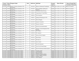 Exam
Session
Prog
Code
Program Name Sem SubCode SubName Exmca
tegory
Date of Exam Time of Exam/Link/
Username /Password
Nov,2021 AN203 Bachelor of Science (Animation, VFX
and Gaming)
5 ANA-306 Advance Architectural Visualization Regular 24-11-2021 to 27-11-2021 HOD to be contacted
Nov,2021 AN203 Bachelor of Science (Animation, VFX
and Gaming)
5 ANA-307 Advance Shading, Lighting and
Rendering
Regular 24-11-2021 to 27-11-2021 HOD to be contacted
Nov,2021 AN203 Bachelor of Science (Animation, VFX
and Gaming)
5 ANB-304 Tracking and Match Moving Regular 24-11-2021 to 27-11-2021 HOD to be contacted
Nov,2021 AN203 Bachelor of Science (Animation, VFX
and Gaming)
5 ANB-305 Compositing for Visual Effects Regular 24-11-2021 to 27-11-2021 HOD to be contacted
Nov,2021 AN203 Bachelor of Science (Animation, VFX
and Gaming)
5 ANB-306 FX & Simulation Regular 24-11-2021 to 27-11-2021 HOD to be contacted
Nov,2021 AN203 Bachelor of Science (Animation, VFX
and Gaming)
5 ANB-307 Lighting & Rendering for VFX Regular 24-11-2021 to 27-11-2021 HOD to be contacted
Nov,2021 AN203 Bachelor of Science (Animation, VFX
and Gaming)
5 ANC-304 Advance Rigging Regular 24-11-2021 to 27-11-2021 HOD to be contacted
Nov,2021 AN203 Bachelor of Science (Animation, VFX
and Gaming)
5 ANC-305 Acting for Animation Regular 24-11-2021 to 27-11-2021 HOD to be contacted
Nov,2021 AN203 Bachelor of Science (Animation, VFX
and Gaming)
5 ANC-306 Character Animation Regular 24-11-2021 to 27-11-2021 HOD to be contacted
Nov,2021 AN203 Bachelor of Science (Animation, VFX
and Gaming)
5 ANC-307 Facial & Lips Synchronization Regular 24-11-2021 to 27-11-2021 HOD to be contacted
Nov,2021 AN203 Bachelor of Science (Animation, VFX
and Gaming)
5 AND-304 Character, Layout Designing & Story
Boarding
Regular 24-11-2021 to 27-11-2021 HOD to be contacted
Nov,2021 AN203 Bachelor of Science (Animation, VFX
and Gaming)
5 AND-305 Print Graphics Regular 24-11-2021 to 27-11-2021 HOD to be contacted
Nov,2021 AN203 Bachelor of Science (Animation, VFX
and Gaming)
5 AND-306 2D Animation Regular 24-11-2021 to 27-11-2021 HOD to be contacted
Nov,2021 AN203 Bachelor of Science (Animation, VFX
and Gaming)
5 AND-307 Advance Motion Graphics Regular 24-11-2021 to 27-11-2021 HOD to be contacted
Nov,2021 AN203 Bachelor of Science (Animation, VFX
and Gaming)
5 ANE-304 Game Design Regular 24-11-2021 to 27-11-2021 HOD to be contacted
Nov,2021 AN203 Bachelor of Science (Animation, VFX
and Gaming)
5 ANE-305 2D Game Art Regular 24-11-2021 to 27-11-2021 HOD to be contacted
Nov,2021 AN203 Bachelor of Science (Animation, VFX
and Gaming)
5 ANE-306 Asset Creation Regular 24-11-2021 to 27-11-2021 HOD to be contacted
Nov,2021 AN203 Bachelor of Science (Animation, VFX
and Gaming)
5 ANE-307 Game Developement Regular 24-11-2021 to 27-11-2021 HOD to be contacted
Nov,2021 AN203 Bachelor of Science (Animation, VFX
and Gaming)
5 ANP-302 Voice Over & Sound Design Regular 24-11-2021 to 27-11-2021 HOD to be contacted
Nov,2021 AN203 Bachelor of Science (Animation, VFX
and Gaming)
5 ANR-301 Film Pre-Production (Summer project) Regular 24-11-2021 to 27-11-2021 HOD to be contacted
Nov,2021 AN204 Bachelor of Science (Film Studies) 3 FMD-303 Cinematic Acting Regular 24-11-2021 to 27-11-2021 HOD to be contacted
Nov,2021 AN204 Bachelor of Science (Film Studies) 5 FMA-302 Ad Film Making Regular 24-11-2021 to 27-11-2021 HOD to be contacted
Nov,2021 AN204 Bachelor of Science (Film Studies) 5 FMA-303 Playback Exercise Regular 24-11-2021 to 27-11-2021 HOD to be contacted
Nov,2021 AN204 Bachelor of Science (Film Studies) 5 FMA-306 Production Design workshop Regular 24-11-2021 to 27-11-2021 HOD to be contacted
Nov,2021 AN204 Bachelor of Science (Film Studies) 5 FMB-303 Creative Lighting Techniques Regular 24-11-2021 to 27-11-2021 HOD to be contacted
Nov,2021 AN204 Bachelor of Science (Film Studies) 5 FMB-305 Aesthetics of Lens Regular 24-11-2021 to 27-11-2021 HOD to be contacted
Nov,2021 AN204 Bachelor of Science (Film Studies) 5 FMD-302 Action Sequence Regular 24-11-2021 to 27-11-2021 HOD to be contacted
 