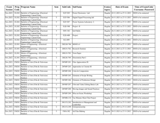 Exam
Session
Prog
Code
Program Name Sem SubCode SubName Exmca
tegory
Date of Exam Time of Exam/Link/
Username /Password
Nov,2021 EL202 Bachelor of Engineering- (Electrical
Engineering)- Lateral Entry
5 ELP-305 Power Electronics Lab Regular 24-11-2021 to 27-11-2021 HOD to be contacted
Nov,2021 EL202 Bachelor of Engineering- (Electrical
Engineering)- Lateral Entry
5 ELP-306 Digital Signal Processing lab Regular 24-11-2021 to 27-11-2021 HOD to be contacted
Nov,2021 EL202 Bachelor of Engineering- (Electrical
Engineering)- Lateral Entry
5 ELP-307 Power Systems Laboratory -I Regular 24-11-2021 to 27-11-2021 HOD to be contacted
Nov,2021 EL202 Bachelor of Engineering- (Electrical
Engineering)- Lateral Entry
5 ELR-308 Project -II Regular 24-11-2021 to 27-11-2021 HOD to be contacted
Nov,2021 EL202 Bachelor of Engineering- (Electrical
Engineering)- Lateral Entry
5 TDY-301 Soft Skills Regular 24-11-2021 to 27-11-2021 HOD to be contacted
Nov,2021 EL202 Bachelor of Engineering- (Electrical
Engineering)- Lateral Entry
7 ELR-408 Project Regular 24-11-2021 to 27-11-2021 HOD to be contacted
Nov,2021 EL202 Bachelor of Engineering- (Electrical
Engineering)- Lateral Entry
7 ELI-409 Regular 24-11-2021 to 27-11-2021 HOD to be contacted
Nov,2021 EL301 Master of Engineering - (Electrical
Engineering)
3 20ELM-704 MOOCs-I Regular 24-11-2021 to 27-11-2021 HOD to be contacted
Nov,2021 EL301 Master of Engineering - (Electrical
Engineering)
3 20ELN-702 Research Seminar Regular 24-11-2021 to 27-11-2021 HOD to be contacted
Nov,2021 EL301 Master of Engineering - (Electrical
Engineering)
3 20ELN-703 Term Paper Regular 24-11-2021 to 27-11-2021 HOD to be contacted
Nov,2021 EL301 Master of Engineering - (Electrical
Engineering)
3 20ELR-749 Dissertation Part I Regular 24-11-2021 to 27-11-2021 HOD to be contacted
Nov,2021 FM201 Bachelor of Arts (Film & Television
Studies)
3 20FMP-201 Film Appreciation III Regular 24-11-2021 to 27-11-2021 HOD to be contacted
Nov,2021 FM201 Bachelor of Arts (Film & Television
Studies)
3 20FMP-203 Approaches to Cinema III Regular 24-11-2021 to 27-11-2021 HOD to be contacted
Nov,2021 FM201 Bachelor of Arts (Film & Television
Studies)
3 20FMP-204 Color & Composition Regular 24-11-2021 to 27-11-2021 HOD to be contacted
Nov,2021 FM201 Bachelor of Arts (Film & Television
Studies)
3 20FMP-205 Elements of Script Writing Regular 24-11-2021 to 27-11-2021 HOD to be contacted
Nov,2021 FM201 Bachelor of Arts (Film & Television
Studies)
3 20FMP-206 Elements of Production Design Regular 24-11-2021 to 27-11-2021 HOD to be contacted
Nov,2021 FM201 Bachelor of Arts (Film & Television
Studies)
3 20FMP-207 Film and Video Editing Basics Lab Regular 24-11-2021 to 27-11-2021 HOD to be contacted
Nov,2021 FM201 Bachelor of Arts (Film & Television
Studies)
3 20FMP-208 Moving Images and Sound Practices Regular 24-11-2021 to 27-11-2021 HOD to be contacted
Nov,2021 FM201 Bachelor of Arts (Film & Television
Studies)
3 20FMP-209 Mise-en-Scene Workshop Regular 24-11-2021 to 27-11-2021 HOD to be contacted
Nov,2021 FM201 Bachelor of Arts (Film & Television
Studies)
3 20FMR-210 Ten Minutes Short Film Project Regular 24-11-2021 to 27-11-2021 HOD to be contacted
Nov,2021 FM201 Bachelor of Arts (Film & Television
Studies)
3 20UCX-242 Introduction to Management and
Leadership
Regular 24-11-2021 to 27-11-2021 HOD to be contacted
Nov,2021 FM201 Bachelor of Arts (Film & Television
Studies)
3 20UCX-249 Entrepreneurship Regular 24-11-2021 to 27-11-2021 HOD to be contacted
Nov,2021 FM201 Bachelor of Arts (Film & Television
Studies)
5 FMA-302 Ad Film Making Regular 24-11-2021 to 27-11-2021 HOD to be contacted
 