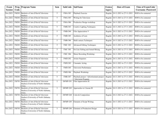 Exam
Session
Prog
Code
Program Name Sem SubCode SubName Exmca
tegory
Date of Exam Time of Exam/Link/
Username /Password
Nov,2021 FM201 Bachelor of Arts (Film & Television
Studies)
5 FMA-303 Playback Exercise Regular 24-11-2021 to 27-11-2021 HOD to be contacted
Nov,2021 FM201 Bachelor of Arts (Film & Television
Studies)
5 FMA-305 Writing for Television Regular 24-11-2021 to 27-11-2021 HOD to be contacted
Nov,2021 FM201 Bachelor of Arts (Film & Television
Studies)
5 FMA-306 Production Design workshop Regular 24-11-2021 to 27-11-2021 HOD to be contacted
Nov,2021 FM201 Bachelor of Arts (Film & Television
Studies)
5 FMB-303 Creative Lighting Techniques Regular 24-11-2021 to 27-11-2021 HOD to be contacted
Nov,2021 FM201 Bachelor of Arts (Film & Television
Studies)
5 FMB-304 Film Appreciation V Regular 24-11-2021 to 27-11-2021 HOD to be contacted
Nov,2021 FM201 Bachelor of Arts (Film & Television
Studies)
5 FMB-305 Aesthetics of Lens Regular 24-11-2021 to 27-11-2021 HOD to be contacted
Nov,2021 FM201 Bachelor of Arts (Film & Television
Studies)
5 FMB-306 Multi camera Techniques Regular 24-11-2021 to 27-11-2021 HOD to be contacted
Nov,2021 FM201 Bachelor of Arts (Film & Television
Studies)
5 FMC-303 Advanced Editing Techniques Regular 24-11-2021 to 27-11-2021 HOD to be contacted
Nov,2021 FM201 Bachelor of Arts (Film & Television
Studies)
5 FMC-305 On Line Editing and Sound Mixing Regular 24-11-2021 to 27-11-2021 HOD to be contacted
Nov,2021 FM201 Bachelor of Arts (Film & Television
Studies)
5 FMC-306 Music Recording Workshop Regular 24-11-2021 to 27-11-2021 HOD to be contacted
Nov,2021 FM201 Bachelor of Arts (Film & Television
Studies)
5 FMD-302 Action Sequence Regular 24-11-2021 to 27-11-2021 HOD to be contacted
Nov,2021 FM201 Bachelor of Arts (Film & Television
Studies)
5 FMD-303 Cinematic Acting Regular 24-11-2021 to 27-11-2021 HOD to be contacted
Nov,2021 FM201 Bachelor of Arts (Film & Television
Studies)
5 FMD-305 Television Performance Regular 24-11-2021 to 27-11-2021 HOD to be contacted
Nov,2021 FM201 Bachelor of Arts (Film & Television
Studies)
5 FMD-306 Playback Workshop Regular 24-11-2021 to 27-11-2021 HOD to be contacted
Nov,2021 FM201 Bachelor of Arts (Film & Television
Studies)
5 FMR-307 Playback project / Advertisement project
/ Television Program
Regular 24-11-2021 to 27-11-2021 HOD to be contacted
Nov,2021 FM701 Bachelor of Arts (Film & Television
Studies) (University of North Alabama,
USA)
3 20FMP-201 Film Appreciation III Regular 24-11-2021 to 27-11-2021 HOD to be contacted
Nov,2021 FM701 Bachelor of Arts (Film & Television
Studies) (University of North Alabama,
USA)
3 20FMP-203 Approaches to Cinema III Regular 24-11-2021 to 27-11-2021 HOD to be contacted
Nov,2021 FM701 Bachelor of Arts (Film & Television
Studies) (University of North Alabama,
USA)
3 20FMP-204 Color & Composition Regular 24-11-2021 to 27-11-2021 HOD to be contacted
Nov,2021 FM701 Bachelor of Arts (Film & Television
Studies) (University of North Alabama,
USA)
3 20FMP-205 Elements of Script Writing Regular 24-11-2021 to 27-11-2021 HOD to be contacted
Nov,2021 FM701 Bachelor of Arts (Film & Television
Studies) (University of North Alabama,
USA)
3 20FMP-206 Elements of Production Design Regular 24-11-2021 to 27-11-2021 HOD to be contacted
 