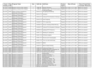 Exam
Session
Prog
Code
Program Name Sem SubCode SubName Exmca
tegory
Date of Exam Time of Exam/Link/
Username /Password
Nov,2021 AN204 Bachelor of Science (Film Studies) 5 FMD-306 Playback Workshop Regular 24-11-2021 to 27-11-2021 HOD to be contacted
Nov,2021 AN204 Bachelor of Science (Film Studies) 5 FMR-307 Playback project / Advertisement project
/ Television Program
Regular 24-11-2021 to 27-11-2021 HOD to be contacted
Nov,2021 AN301 Master of Science (Animation &
Multimedia Technology)
3 20ANA-723 3D Lighting & Rendering Regular 24-11-2021 to 27-11-2021 HOD to be contacted
Nov,2021 AN301 Master of Science (Animation &
Multimedia Technology)
3 20ANA-724 Animation Regular 24-11-2021 to 27-11-2021 HOD to be contacted
Nov,2021 AN301 Master of Science (Animation &
Multimedia Technology)
3 20ANA-725 Technical FX & Simulation Techniques Regular 24-11-2021 to 27-11-2021 HOD to be contacted
Nov,2021 AN301 Master of Science (Animation &
Multimedia Technology)
3 20ANA-726 Game Designing Regular 24-11-2021 to 27-11-2021 HOD to be contacted
Nov,2021 AN301 Master of Science (Animation &
Multimedia Technology)
3 20ANB-723 VFX Compositing Regular 24-11-2021 to 27-11-2021 HOD to be contacted
Nov,2021 AN301 Master of Science (Animation &
Multimedia Technology)
3 20ANB-724 Advance Tracking & Match-Moving Regular 24-11-2021 to 27-11-2021 HOD to be contacted
Nov,2021 AN301 Master of Science (Animation &
Multimedia Technology)
3 20ANB-725 Technical FX & Simulation Techniques Regular 24-11-2021 to 27-11-2021 HOD to be contacted
Nov,2021 AN301 Master of Science (Animation &
Multimedia Technology)
3 20ANB-726 Lighting &VFX Production Regular 24-11-2021 to 27-11-2021 HOD to be contacted
Nov,2021 AN301 Master of Science (Animation &
Multimedia Technology)
3 20ANC-723 Branding & Campaigning Regular 24-11-2021 to 27-11-2021 HOD to be contacted
Nov,2021 AN301 Master of Science (Animation &
Multimedia Technology)
3 20ANC-724 3D Motion Graphics Regular 24-11-2021 to 27-11-2021 HOD to be contacted
Nov,2021 AN301 Master of Science (Animation &
Multimedia Technology)
3 20ANC-725 Direction and Cinematography Regular 24-11-2021 to 27-11-2021 HOD to be contacted
Nov,2021 AN301 Master of Science (Animation &
Multimedia Technology)
3 20ANC-726 Voice over and sound design Regular 24-11-2021 to 27-11-2021 HOD to be contacted
Nov,2021 AN301 Master of Science (Animation &
Multimedia Technology)
3 20ANM-727 MOOC Regular 24-11-2021 to 27-11-2021 HOD to be contacted
Nov,2021 AN301 Master of Science (Animation &
Multimedia Technology)
3 20ANP-722 Matte & Digital Painting Regular 24-11-2021 to 27-11-2021 HOD to be contacted
Nov,2021 AR201 Bachelor of Architecture 3 20ARP-220 Architectural Design - III Regular 24-11-2021 to 27-11-2021 HOD to be contacted
Nov,2021 AR201 Bachelor of Architecture 3 20ARP-221 Building material & Construction- III Regular 24-11-2021 to 27-11-2021 HOD to be contacted
Nov,2021 AR201 Bachelor of Architecture 3 20ARP-222 Computer Graphic Skills-II Regular 24-11-2021 to 27-11-2021 HOD to be contacted
Nov,2021 AR201 Bachelor of Architecture 3 20UCX-247 Gender Equity and Women
Empowerment
Regular 24-11-2021 to 27-11-2021 HOD to be contacted
Nov,2021 AR201 Bachelor of Architecture 5 ARP-310 Architectural Design - V Regular 24-11-2021 to 27-11-2021 HOD to be contacted
Nov,2021 AR201 Bachelor of Architecture 5 ARP-311 Building Construction - V Regular 24-11-2021 to 27-11-2021 HOD to be contacted
Nov,2021 AR201 Bachelor of Architecture 5 ARP-312 Documentation Regular 24-11-2021 to 27-11-2021 HOD to be contacted
Nov,2021 AR201 Bachelor of Architecture 7 ARP-430 Architectural Design - VII Regular 24-11-2021 to 27-11-2021 HOD to be contacted
Nov,2021 AR201 Bachelor of Architecture 7 ARP-431 Building Construction - VII Regular 24-11-2021 to 27-11-2021 HOD to be contacted
Nov,2021 AR201 Bachelor of Architecture 9 ARP-530 Architectural Design – VIII Regular 24-11-2021 to 27-11-2021 HOD to be contacted
Nov,2021 AR201 Bachelor of Architecture 9 ARP-531 Building Construction -VIII Regular 24-11-2021 to 27-11-2021 HOD to be contacted
Nov,2021 AR201 Bachelor of Architecture 9 ARR-533 Pre Thesis (Dissertation) Regular 24-11-2021 to 27-11-2021 HOD to be contacted
Nov,2021 AR301 Master of Architecture 3 20MAP-741 Architectural Design Studio-III Regular 24-11-2021 to 27-11-2021 HOD to be contacted
Nov,2021 AR301 Master of Architecture 3 20MAR-744 Dissertation Regular 24-11-2021 to 27-11-2021 HOD to be contacted
 