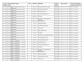Exam
Session
Prog
Code
Program Name Sem SubCode SubName Exmca
tegory
Date of Exam Time of Exam/Link/
Username /Password
Nov,2021 AS201 Bachelor of Engineering (Aerospace
Engineering)
3 20ASI-218 Institutional/Summer Training Regular 24-11-2021 to 27-11-2021 HOD to be contacted
Nov,2021 AS201 Bachelor of Engineering (Aerospace
Engineering)
3 20ASP-215 Strength of Materials Lab Regular 24-11-2021 to 27-11-2021 HOD to be contacted
Nov,2021 AS201 Bachelor of Engineering (Aerospace
Engineering)
3 20ASP-216 Fluid Mechanics Lab Regular 24-11-2021 to 27-11-2021 HOD to be contacted
Nov,2021 AS201 Bachelor of Engineering (Aerospace
Engineering)
3 20ASP-217 Aero-Thermodynamics Lab Regular 24-11-2021 to 27-11-2021 HOD to be contacted
Nov,2021 AS201 Bachelor of Engineering (Aerospace
Engineering)
3 20TDP-201 Soft Skills Regular 24-11-2021 to 27-11-2021 HOD to be contacted
Nov,2021 AS201 Bachelor of Engineering (Aerospace
Engineering)
3 20UCX-242 Introduction to Management and
Leadership
Regular 24-11-2021 to 27-11-2021 HOD to be contacted
Nov,2021 AS201 Bachelor of Engineering (Aerospace
Engineering)
3 20UCX-249 Entrepreneurship Regular 24-11-2021 to 27-11-2021 HOD to be contacted
Nov,2021 AS201 Bachelor of Engineering (Aerospace
Engineering)
5 ASI-319 Industrial Internship Regular 24-11-2021 to 27-11-2021 HOD to be contacted
Nov,2021 AS201 Bachelor of Engineering (Aerospace
Engineering)
5 ASP-316 Aircraft Structures-II Lab Regular 24-11-2021 to 27-11-2021 HOD to be contacted
Nov,2021 AS201 Bachelor of Engineering (Aerospace
Engineering)
5 ASP-317 Avionics Lab Regular 24-11-2021 to 27-11-2021 HOD to be contacted
Nov,2021 AS201 Bachelor of Engineering (Aerospace
Engineering)
5 ASP-318 Flight Simulation Lab Regular 24-11-2021 to 27-11-2021 HOD to be contacted
Nov,2021 AS201 Bachelor of Engineering (Aerospace
Engineering)
5 TDY-301 Soft Skills Regular 24-11-2021 to 27-11-2021 HOD to be contacted
Nov,2021 AS201 Bachelor of Engineering (Aerospace
Engineering)
7 ASI-418 INDUSTRIAL SUMMER TRAINING Regular 24-11-2021 to 27-11-2021 HOD to be contacted
Nov,2021 AS201 Bachelor of Engineering (Aerospace
Engineering)
7 ASP-415 Aircraft Design Project-II Regular 24-11-2021 to 27-11-2021 HOD to be contacted
Nov,2021 AS202 Bachelor of Engineering - (Aerospace
Engg.) - Lateral Entry
3 20ASP-215 Strength of Materials Lab Regular 24-11-2021 to 27-11-2021 HOD to be contacted
Nov,2021 AS202 Bachelor of Engineering - (Aerospace
Engg.) - Lateral Entry
3 20ASP-216 Fluid Mechanics Lab Regular 24-11-2021 to 27-11-2021 HOD to be contacted
Nov,2021 AS202 Bachelor of Engineering - (Aerospace
Engg.) - Lateral Entry
3 20ASP-217 Aero-Thermodynamics Lab Regular 24-11-2021 to 27-11-2021 HOD to be contacted
Nov,2021 AS202 Bachelor of Engineering - (Aerospace
Engg.) - Lateral Entry
3 20TDP-201 Soft Skills Regular 24-11-2021 to 27-11-2021 HOD to be contacted
Nov,2021 AS202 Bachelor of Engineering - (Aerospace
Engg.) - Lateral Entry
3 20UCX-242 Introduction to Management and
Leadership
Regular 24-11-2021 to 27-11-2021 HOD to be contacted
Nov,2021 AS202 Bachelor of Engineering - (Aerospace
Engg.) - Lateral Entry
3 20UCX-249 Entrepreneurship Regular 24-11-2021 to 27-11-2021 HOD to be contacted
Nov,2021 AS202 Bachelor of Engineering - (Aerospace
Engg.) - Lateral Entry
5 ASI-319 Industrial Internship Regular 24-11-2021 to 27-11-2021 HOD to be contacted
Nov,2021 AS202 Bachelor of Engineering - (Aerospace
Engg.) - Lateral Entry
5 ASP-316 Aircraft Structures-II Lab Regular 24-11-2021 to 27-11-2021 HOD to be contacted
Nov,2021 AS202 Bachelor of Engineering - (Aerospace
Engg.) - Lateral Entry
5 ASP-317 Avionics Lab Regular 24-11-2021 to 27-11-2021 HOD to be contacted
 
