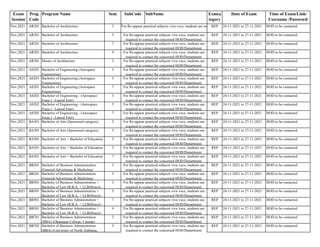 Exam
Session
Prog
Code
Program Name Sem SubCode SubName Exmca
tegory
Date of Exam Time of Exam/Link/
Username /Password
Nov,2021 AR201 Bachelor of Architecture 3 For Re-appear practical subjects viva voce, students are required to contact the concerned HOD/Department.
REP 24-11-2021 to 27-11-2021 HOD to be contacted
Nov,2021 AR201 Bachelor of Architecture 5 REP 24-11-2021 to 27-11-2021 HOD to be contacted
Nov,2021 AR201 Bachelor of Architecture 7 REP 24-11-2021 to 27-11-2021 HOD to be contacted
Nov,2021 AR201 Bachelor of Architecture 9 REP 24-11-2021 to 27-11-2021 HOD to be contacted
Nov,2021 AR301 Master of Architecture 3 REP 24-11-2021 to 27-11-2021 HOD to be contacted
Nov,2021 AS201 Bachelor of Engineering (Aerospace
Engineering)
3 REP 24-11-2021 to 27-11-2021 HOD to be contacted
Nov,2021 AS201 Bachelor of Engineering (Aerospace
Engineering)
5 REP 24-11-2021 to 27-11-2021 HOD to be contacted
Nov,2021 AS201 Bachelor of Engineering (Aerospace
Engineering)
7 REP 24-11-2021 to 27-11-2021 HOD to be contacted
Nov,2021 AS202 Bachelor of Engineering - (Aerospace
Engg.) - Lateral Entry
3 REP 24-11-2021 to 27-11-2021 HOD to be contacted
Nov,2021 AS202 Bachelor of Engineering - (Aerospace
Engg.) - Lateral Entry
5 REP 24-11-2021 to 27-11-2021 HOD to be contacted
Nov,2021 AS202 Bachelor of Engineering - (Aerospace
Engg.) - Lateral Entry
7 REP 24-11-2021 to 27-11-2021 HOD to be contacted
Nov,2021 BA301 Bachelor of Arts (Sponsored category) 3 REP 24-11-2021 to 27-11-2021 HOD to be contacted
Nov,2021 BA301 Bachelor of Arts (Sponsored category) 5 REP 24-11-2021 to 27-11-2021 HOD to be contacted
Nov,2021 BA501 Bachelor of Arts + Bachelor of Education 3 REP 24-11-2021 to 27-11-2021 HOD to be contacted
Nov,2021 BA501 Bachelor of Arts + Bachelor of Education 5 REP 24-11-2021 to 27-11-2021 HOD to be contacted
Nov,2021 BA501 Bachelor of Arts + Bachelor of Education 7 REP 24-11-2021 to 27-11-2021 HOD to be contacted
Nov,2021 BB201 Bachelor of Business Administration
(General/Advertising & Marketing/
3 REP 24-11-2021 to 27-11-2021 HOD to be contacted
Nov,2021 BB201 Bachelor of Business Administration
(General/Advertising & Marketing/
5 REP 24-11-2021 to 27-11-2021 HOD to be contacted
Nov,2021 BB501 Bachelor of Business Administration +
Bachelor of Law (B.B.A. + LLB(Hons)) -
3 REP 24-11-2021 to 27-11-2021 HOD to be contacted
Nov,2021 BB501 Bachelor of Business Administration +
Bachelor of Law (B.B.A. + LLB(Hons)) -
5 REP 24-11-2021 to 27-11-2021 HOD to be contacted
Nov,2021 BB501 Bachelor of Business Administration +
Bachelor of Law (B.B.A. + LLB(Hons)) -
7 REP 24-11-2021 to 27-11-2021 HOD to be contacted
Nov,2021 BB501 Bachelor of Business Administration +
Bachelor of Law (B.B.A. + LLB(Hons)) -
9 REP 24-11-2021 to 27-11-2021 HOD to be contacted
Nov,2021 BB701 Bachelor of Business Administration
(BBA) (Okanagan College, Canada)
3 REP 24-11-2021 to 27-11-2021 HOD to be contacted
Nov,2021 BB702 Bachelor of Business Administration
(BBA) (University of North Alabama,
3 REP 24-11-2021 to 27-11-2021 HOD to be contacted
For Re-appear practical subjects viva voce, students are
required to contact the concerned HOD/Department.
For Re-appear practical subjects viva voce, students are
required to contact the concerned HOD/Department.
For Re-appear practical subjects viva voce, students are
required to contact the concerned HOD/Department.
For Re-appear practical subjects viva voce, students are
required to contact the concerned HOD/Department.
For Re-appear practical subjects viva voce, students are
required to contact the concerned HOD/Department.
For Re-appear practical subjects viva voce, students are
required to contact the concerned HOD/Department.
For Re-appear practical subjects viva voce, students are
required to contact the concerned HOD/Department.
For Re-appear practical subjects viva voce, students are
required to contact the concerned HOD/Department.
For Re-appear practical subjects viva voce, students are
required to contact the concerned HOD/Department.
For Re-appear practical subjects viva voce, students are
required to contact the concerned HOD/Department.
For Re-appear practical subjects viva voce, students are
required to contact the concerned HOD/Department.
For Re-appear practical subjects viva voce, students are
required to contact the concerned HOD/Department.
For Re-appear practical subjects viva voce, students are
required to contact the concerned HOD/Department.
For Re-appear practical subjects viva voce, students are
required to contact the concerned HOD/Department.
For Re-appear practical subjects viva voce, students are
required to contact the concerned HOD/Department.
For Re-appear practical subjects viva voce, students are
required to contact the concerned HOD/Department.
For Re-appear practical subjects viva voce, students are
required to contact the concerned HOD/Department.
For Re-appear practical subjects viva voce, students are
required to contact the concerned HOD/Department.
For Re-appear practical subjects viva voce, students are
required to contact the concerned HOD/Department.
For Re-appear practical subjects viva voce, students are
required to contact the concerned HOD/Department.
For Re-appear practical subjects viva voce, students are
required to contact the concerned HOD/Department.
For Re-appear practical subjects viva voce, students are
required to contact the concerned HOD/Department.
For Re-appear practical subjects viva voce, students are
required to contact the concerned HOD/Department.
 