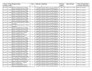 Exam
Session
Prog
Code
Program Name Sem SubCode SubName Exmca
tegory
Date of Exam Time of Exam/Link/
Username /Password
Nov,2021 CS205 Bachelor of Engineering in Computer
Science and Engineering (Hons.) IBM -
7 REP 24-11-2021 to 27-11-2021 HOD to be contacted
Nov,2021 CS206 Bachelor of Engineering in Computer
Science and Engineering (Hons.) IBM -
3 REP 24-11-2021 to 27-11-2021 HOD to be contacted
Nov,2021 CS206 Bachelor of Engineering in Computer
Science and Engineering (Hons.) IBM -
5 REP 24-11-2021 to 27-11-2021 HOD to be contacted
Nov,2021 CS206 Bachelor of Engineering in Computer
Science and Engineering (Hons.) IBM -
7 REP 24-11-2021 to 27-11-2021 HOD to be contacted
Nov,2021 CS207 Bachelor of Engineering in Computer
Science and Engineering (Hons.) IBM -
5 REP 24-11-2021 to 27-11-2021 HOD to be contacted
Nov,2021 CS207 Bachelor of Engineering in Computer
Science and Engineering (Hons.) IBM -
7 REP 24-11-2021 to 27-11-2021 HOD to be contacted
Nov,2021 CS208 B.E. CSE with Specialization in Mobile
Computing
5 REP 24-11-2021 to 27-11-2021 HOD to be contacted
Nov,2021 CS208 B.E. CSE with Specialization in Mobile
Computing
7 REP 24-11-2021 to 27-11-2021 HOD to be contacted
Nov,2021 CS210 Bachelor of Engineering in Computer
Science and Engineering (Hons.) IBM -
5 REP 24-11-2021 to 27-11-2021 HOD to be contacted
Nov,2021 CS210 Bachelor of Engineering in Computer
Science and Engineering (Hons.) IBM -
7 REP 24-11-2021 to 27-11-2021 HOD to be contacted
Nov,2021 CS211 Bachelor of Engineering- Computer
Science and Business System
3 REP 24-11-2021 to 27-11-2021 HOD to be contacted
Nov,2021 CS211 Bachelor of Engineering- Computer
Science and Business System
5 REP 24-11-2021 to 27-11-2021 HOD to be contacted
Nov,2021 CS214 Bachelor of Engineering in Computer
Science and Engineering (Hons.) IBM-
3 REP 24-11-2021 to 27-11-2021 HOD to be contacted
Nov,2021 CS214 Bachelor of Engineering in Computer
Science and Engineering (Hons.) IBM-
5 REP 24-11-2021 to 27-11-2021 HOD to be contacted
Nov,2021 CS215 Bachelor of Engineering in Computer
Science and Engineering (Hons.) IBM-
3 REP 24-11-2021 to 27-11-2021 HOD to be contacted
Nov,2021 CS216 Bachelor of Engineering in Computer
Science and Engineering (Hons.) IBM-
3 REP 24-11-2021 to 27-11-2021 HOD to be contacted
Nov,2021 CS216 Bachelor of Engineering in Computer
Science and Engineering (Hons.) IBM-
5 REP 24-11-2021 to 27-11-2021 HOD to be contacted
Nov,2021 CS217 Bachelor of Engineering - Computer
Science and Engineering(Hons.)IBM -
3 REP 24-11-2021 to 27-11-2021 HOD to be contacted
Nov,2021 CS220 Bachelor of Engineering - Computer
Science and Engineering (Hons.) IBM -
3 REP 24-11-2021 to 27-11-2021 HOD to be contacted
Nov,2021 CS220 Bachelor of Engineering - Computer
Science and Engineering (Hons.) IBM -
5 REP 24-11-2021 to 27-11-2021 HOD to be contacted
Nov,2021 CS221 B.E. CSE (Hons.) with Specialization in
Artificial Intelligence and Machine
3 REP 24-11-2021 to 27-11-2021 HOD to be contacted
Nov,2021 CS222 B.E. CSE (Hons.) with Specialization in
Internet of Things in association with
3 REP 24-11-2021 to 27-11-2021 HOD to be contacted
Nov,2021 CS301 Master of Engineering - Computer
Science and Engineering
3 REP 24-11-2021 to 27-11-2021 HOD to be contacted
Nov,2021 CS701 Bachelor of Engineering (Computer
Science & Engineering) (University of
3 REP 24-11-2021 to 27-11-2021 HOD to be contacted
For Re-appear practical subjects viva voce, students are
required to contact the concerned HOD/Department.
For Re-appear practical subjects viva voce, students are
required to contact the concerned HOD/Department.
For Re-appear practical subjects viva voce, students are
required to contact the concerned HOD/Department.
For Re-appear practical subjects viva voce, students are
required to contact the concerned HOD/Department.
For Re-appear practical subjects viva voce, students are
required to contact the concerned HOD/Department.
For Re-appear practical subjects viva voce, students are
required to contact the concerned HOD/Department.
For Re-appear practical subjects viva voce, students are
required to contact the concerned HOD/Department.
For Re-appear practical subjects viva voce, students are
required to contact the concerned HOD/Department.
For Re-appear practical subjects viva voce, students are
required to contact the concerned HOD/Department.
For Re-appear practical subjects viva voce, students are
required to contact the concerned HOD/Department.
For Re-appear practical subjects viva voce, students are
required to contact the concerned HOD/Department.
For Re-appear practical subjects viva voce, students are
required to contact the concerned HOD/Department.
For Re-appear practical subjects viva voce, students are
required to contact the concerned HOD/Department.
For Re-appear practical subjects viva voce, students are
required to contact the concerned HOD/Department.
For Re-appear practical subjects viva voce, students are
required to contact the concerned HOD/Department.
For Re-appear practical subjects viva voce, students are
required to contact the concerned HOD/Department.
For Re-appear practical subjects viva voce, students are
required to contact the concerned HOD/Department.
For Re-appear practical subjects viva voce, students are
required to contact the concerned HOD/Department.
For Re-appear practical subjects viva voce, students are
required to contact the concerned HOD/Department.
For Re-appear practical subjects viva voce, students are
required to contact the concerned HOD/Department.
For Re-appear practical subjects viva voce, students are
required to contact the concerned HOD/Department.
For Re-appear practical subjects viva voce, students are
required to contact the concerned HOD/Department.
For Re-appear practical subjects viva voce, students are
required to contact the concerned HOD/Department.
For Re-appear practical subjects viva voce, students are
required to contact the concerned HOD/Department.
 