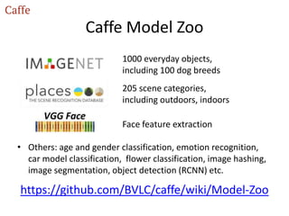 Caffe Model Zoo
• Others: age and gender classification, emotion recognition,
car model classification, flower classification, image hashing,
image segmentation, object detection (RCNN) etc.
1000 everyday objects,
including 100 dog breeds
205 scene categories,
including outdoors, indoors
Face feature extraction
https://github.com/BVLC/caffe/wiki/Model-Zoo
 