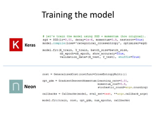 Training the model
Keras
Neon
 
