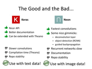 The Good and the Bad...
Keras
• Nicer API
• Better documentation
• Can be extended with Theano
• Slower convolutions
• Compilation time (Theano)
• Repo stability
Neon
• Fastest convolutions
• Some nice gimmicks:
– deconvolution layer
– object detection (RCNN)
– guided backpropagation
• Recurrent networks slow
• Documentation
• Repo stability
Use with text data! Use with image data!
 