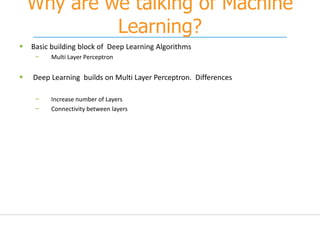 Why are we talking of Machine
Learning?
 Basic building block of Deep Learning Algorithms
− Multi Layer Perceptron
 Deep Learning builds on Multi Layer Perceptron. Differences
− Increase number of Layers
− Connectivity between layers
 