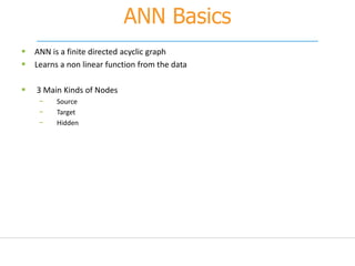 ANN Basics
 ANN is a finite directed acyclic graph
 Learns a non linear function from the data
 3 Main Kinds of Nodes
− Source
− Target
− Hidden
 