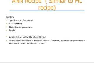 ANN Recipe ( Similar to ML
recipe)
Combine
 Speciﬁcation of a dataset
 Cost function
 Optimization procedure
 Model
 All algorithms follow the above Recipe
 The variation will come in terms of the cost function , optimization procedure as
well as the network architecture itself
 