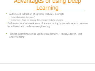 Advantages of using Deep
Learning
 Automated extraction of complex features. Example
• Feature Extraction for Images*
• Implication : Need not be deep domain expert to build solutions
−Performances which took years of feature tuning by domain experts can now
be achieved with no feature engineering
 Similar algorithms can be used across domains – Image, Speech , text
understanding
 