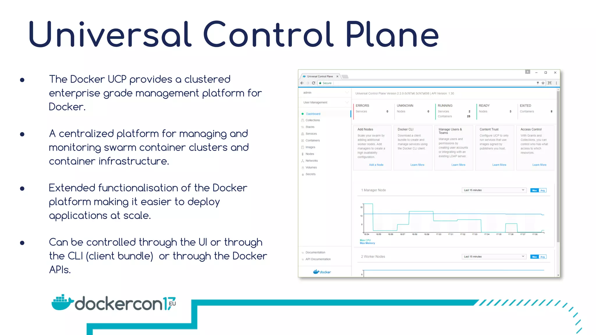 Universal Control Plane ● The Docker UCP provides a clustered enterprise grade management platform for Docker. ● A centralized platform for managing and monitoring swarm container clusters and container infrastructure. ● Extended functionalisation of the Docker platform making it easier to deploy applications at scale. ● Can be controlled through the UI or through the CLI (client bundle) or through the Docker APIs. 