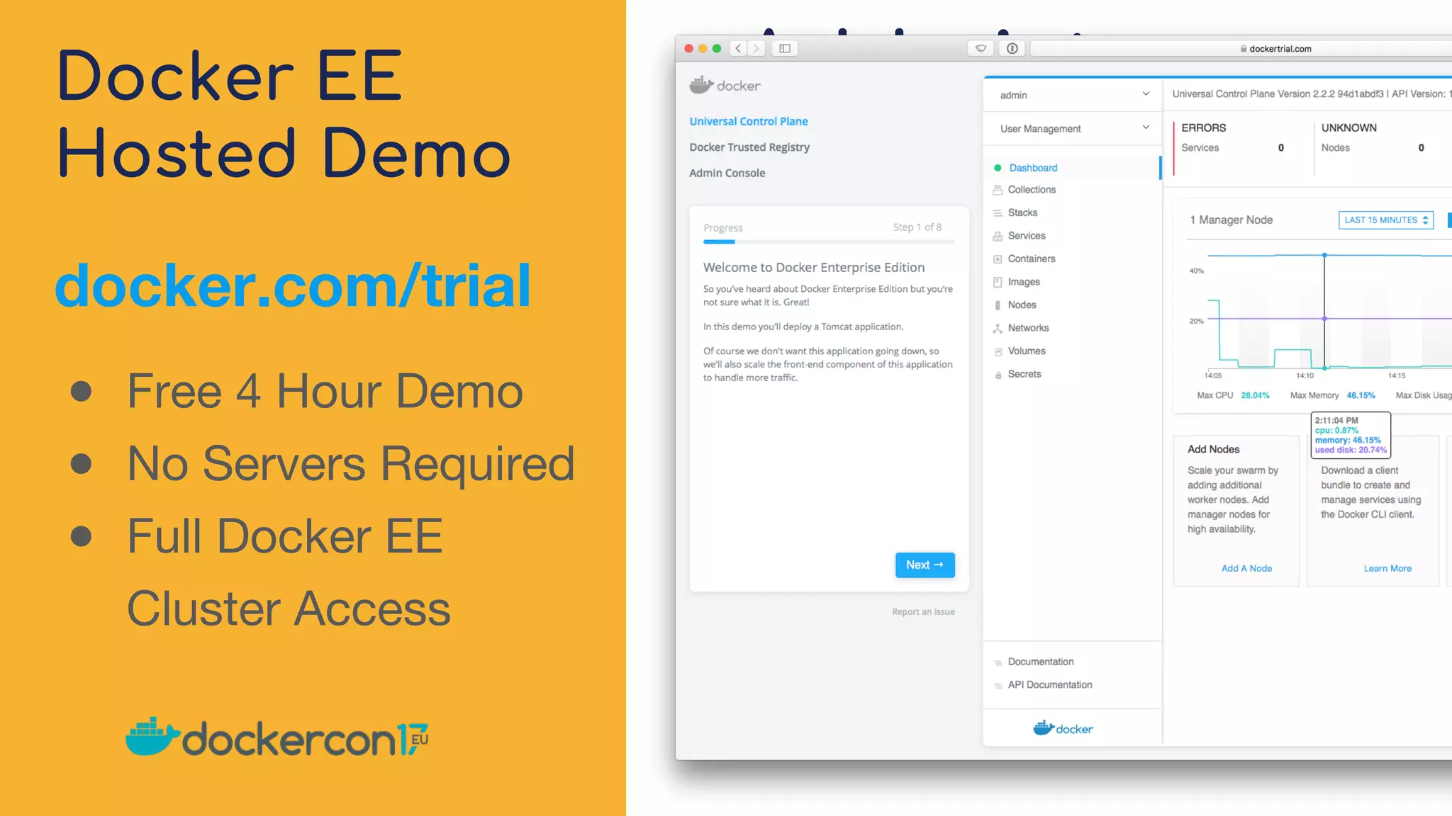 Docker EE Hosted Demo Add picture here docker.com/trial ● Free 4 Hour Demo ● No Servers Required ● Full Docker EE Cluster Access 