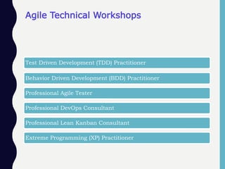 Agile Technical Workshops
Test Driven Development (TDD) Practitioner
Behavior Driven Development (BDD) Practitioner
Professional Agile Tester
Professional DevOps Consultant
Professional Lean Kanban Consultant
Extreme Programming (XP) Practitioner
 