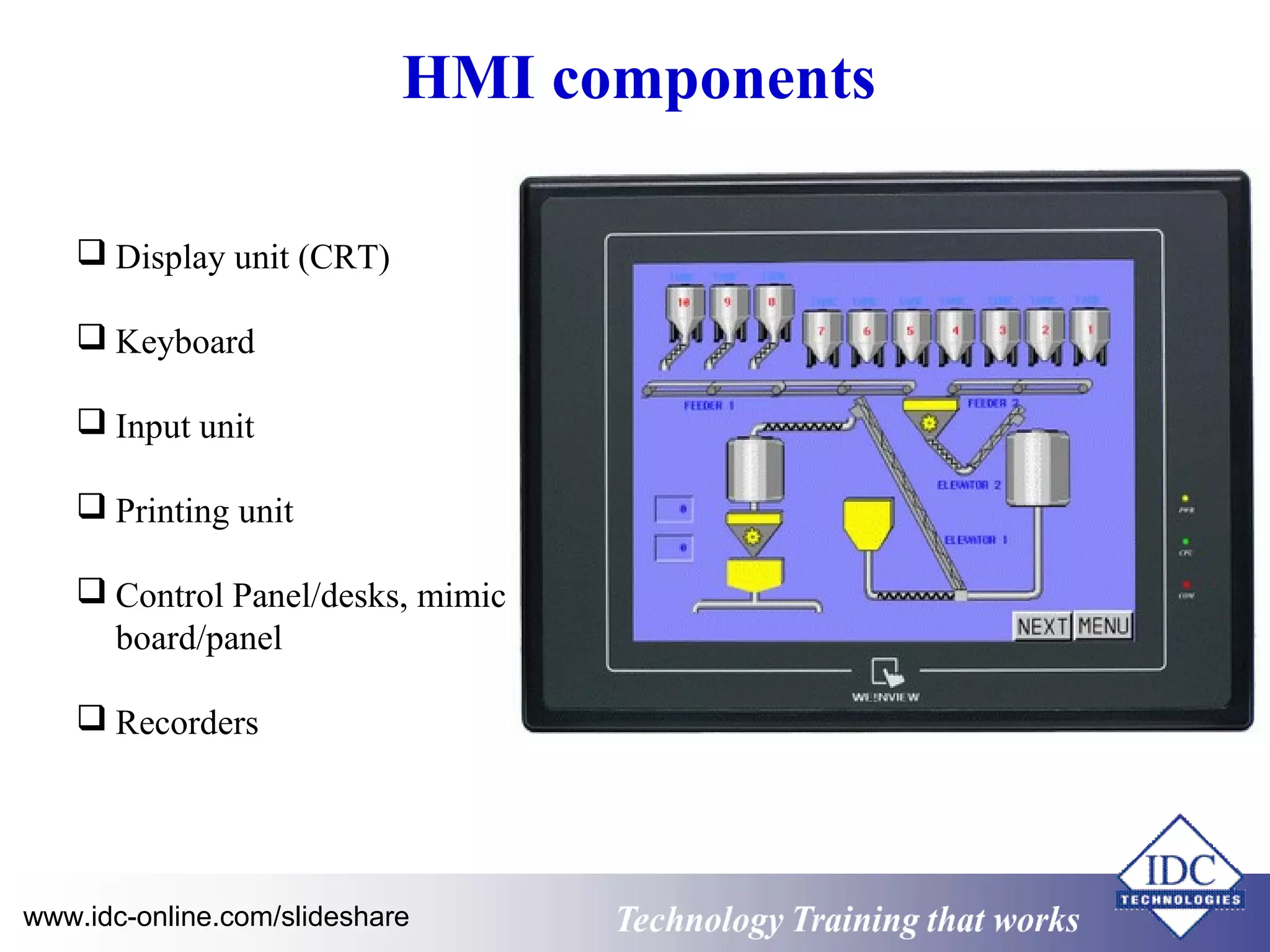 HMI components 
Display unit (CRT) 
Keyboard 
Input unit 
Printing unit 
Control Panel/desks, mimic 
board/panel 
Recorders 
www.idc-online.com/slideshare Technology TTrraaiinniinngg tthhaatt WWoorrkkss 
 