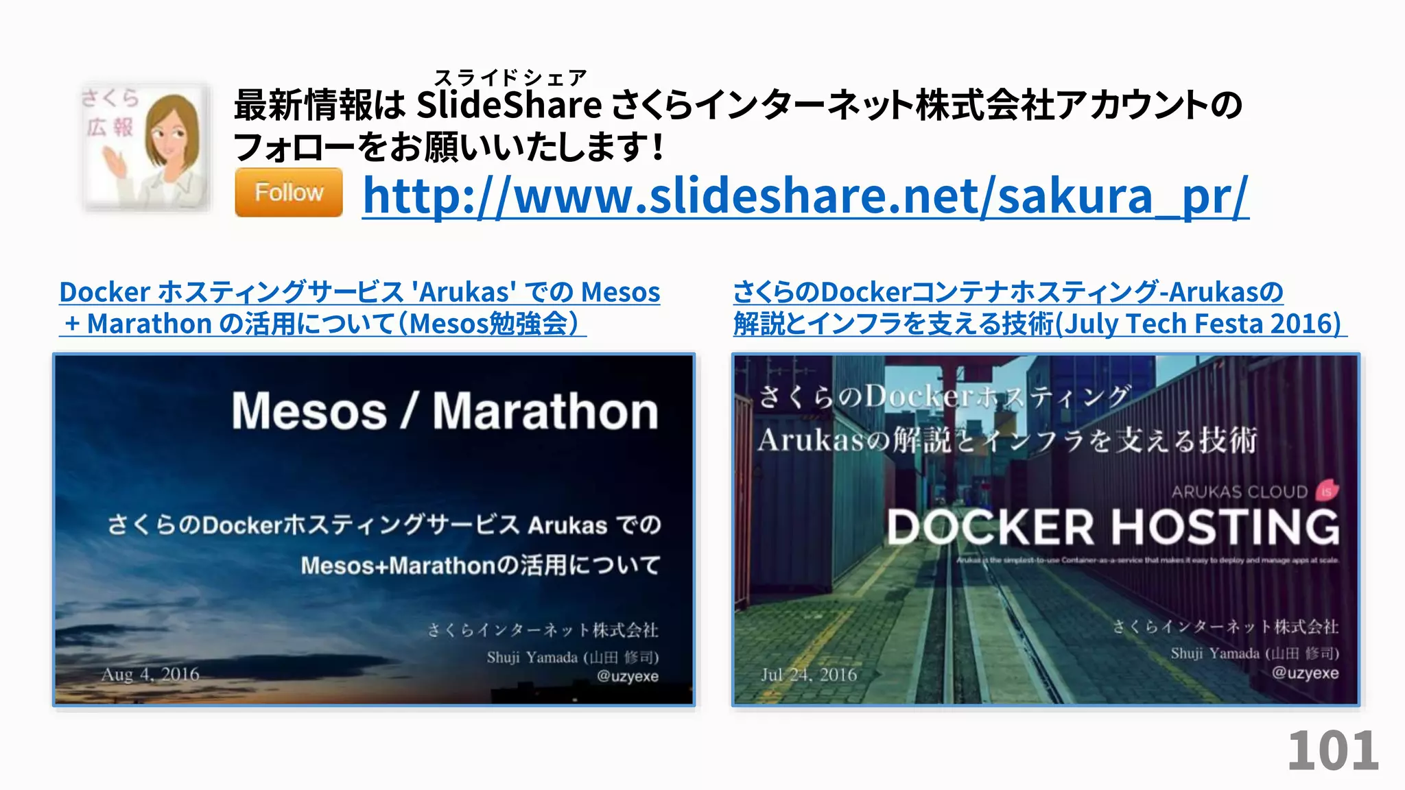 101
最新情報は SlideShare さくらインターネット株式会社アカウントの
フォローをお願いいたします！
http://www.slideshare.net/sakura_pr/
ス ラ イ ド シ ェ ア
Docker ホスティングサービス 'Arukas' での Mesos
+ Marathon の活用について（Mesos勉強会）
さくらのDockerコンテナホスティング-Arukasの
解説とインフラを支える技術(July Tech Festa 2016)
 