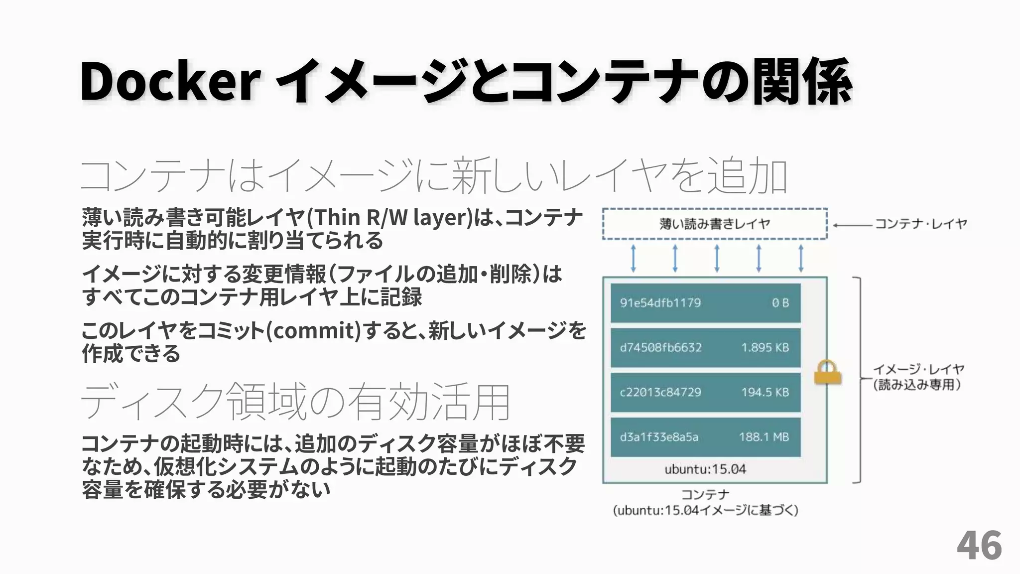 Docker イメージとコンテナの関係
コンテナはイメージに新しいレイヤを追加
薄い読み書き可能レイヤ(Thin R/W layer)は、コンテナ
実行時に自動的に割り当てられる
イメージに対する変更情報（ファイルの追加・削除）は
すべてこのコンテナ用レイヤ上に記録
このレイヤをコミット(commit)すると、新しいイメージを
作成できる
ディスク領域の有効活用
コンテナの起動時には、追加のディスク容量がほぼ不要
なため、仮想化システムのように起動のたびにディスク
容量を確保する必要がない
46
 