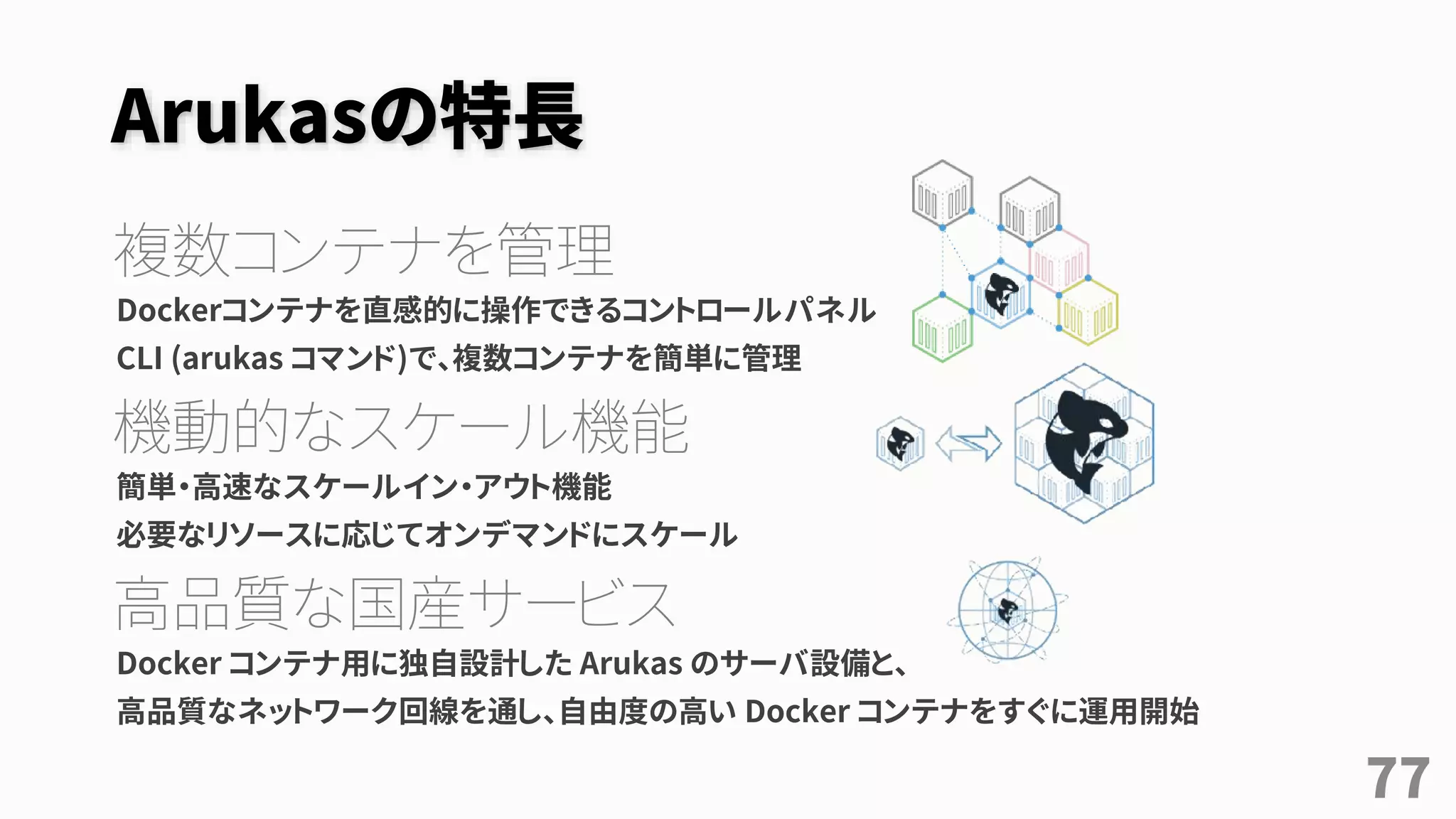Arukasの特長
複数コンテナを管理
Dockerコンテナを直感的に操作できるコントロールパネル
CLI (arukas コマンド)で、複数コンテナを簡単に管理
機動的なスケール機能
簡単・高速なスケールイン・アウト機能
必要なリソースに応じてオンデマンドにスケール
高品質な国産サービス
Docker コンテナ用に独自設計した Arukas のサーバ設備と、
高品質なネットワーク回線を通し、自由度の高い Docker コンテナをすぐに運用開始
77
 