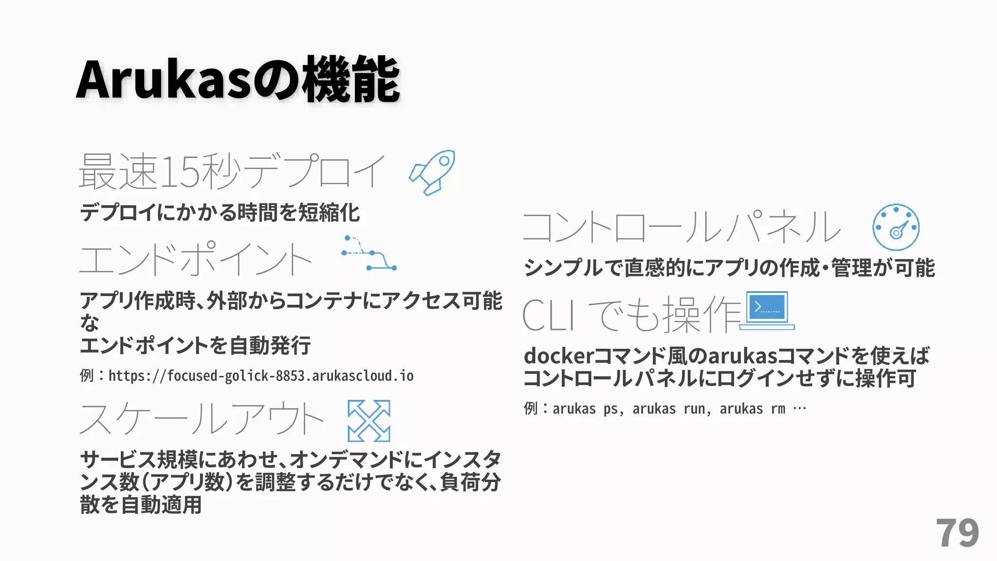 Arukasの機能
最速15秒デプロイ
デプロイにかかる時間を短縮化
エンドポイント
アプリ作成時、外部からコンテナにアクセス可能
な
エンドポイントを自動発行
例：https://focused-golick-8853.arukascloud.io
スケールアウト
サービス規模にあわせ、オンデマンドにインスタ
ンス数（アプリ数）を調整するだけでなく、負荷分
散を自動適用
コントロールパネル
シンプルで直感的にアプリの作成・管理が可能
CLI でも操作
dockerコマンド風のarukasコマンドを使えば
コントロールパネルにログインせずに操作可
例：arukas ps, arukas run, arukas rm …
79
 