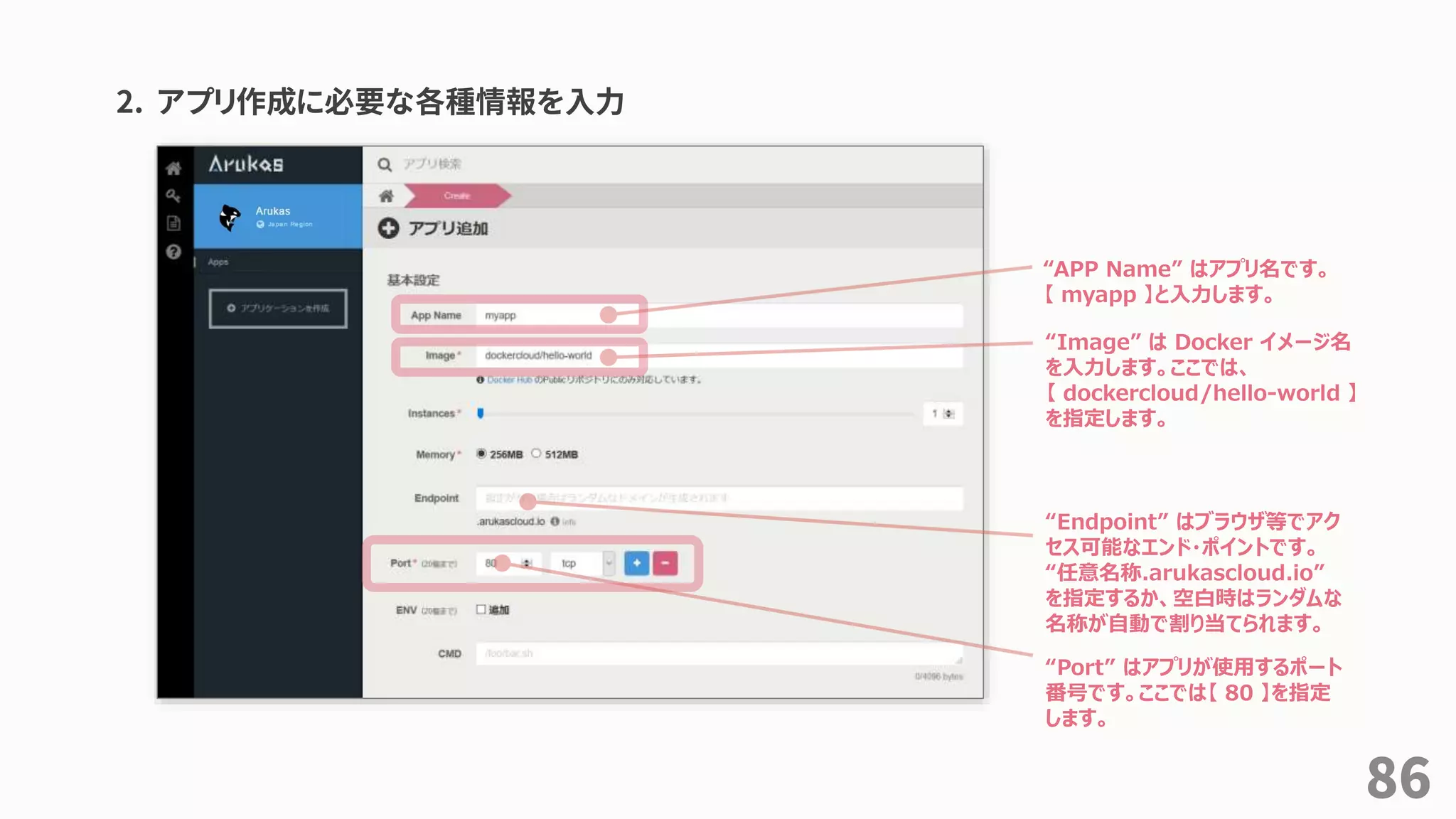2. アプリ作成に必要な各種情報を入力
“APP Name” はアプリ名です。
【 myapp 】と入力します。
“Image” は Docker イメージ名
を入力します。ここでは、
【 dockercloud/hello-world 】
を指定します。
“Endpoint” はブラウザ等でアク
セス可能なエンド・ポイントです。
“任意名称.arukascloud.io”
を指定するか、空白時はランダムな
名称が自動で割り当てられます。
“Port” はアプリが使用するポート
番号です。ここでは【 80 】を指定
します。
86
 