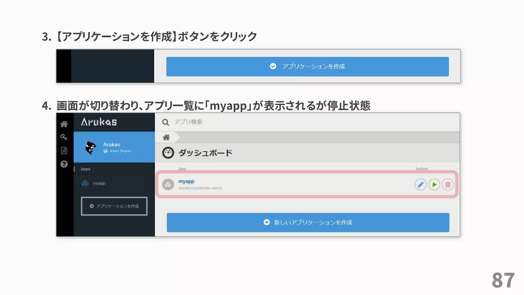 3. 【アプリケーションを作成】ボタンをクリック
4. 画面が切り替わり、アプリ一覧に「myapp」が表示されるが停止状態
87
 