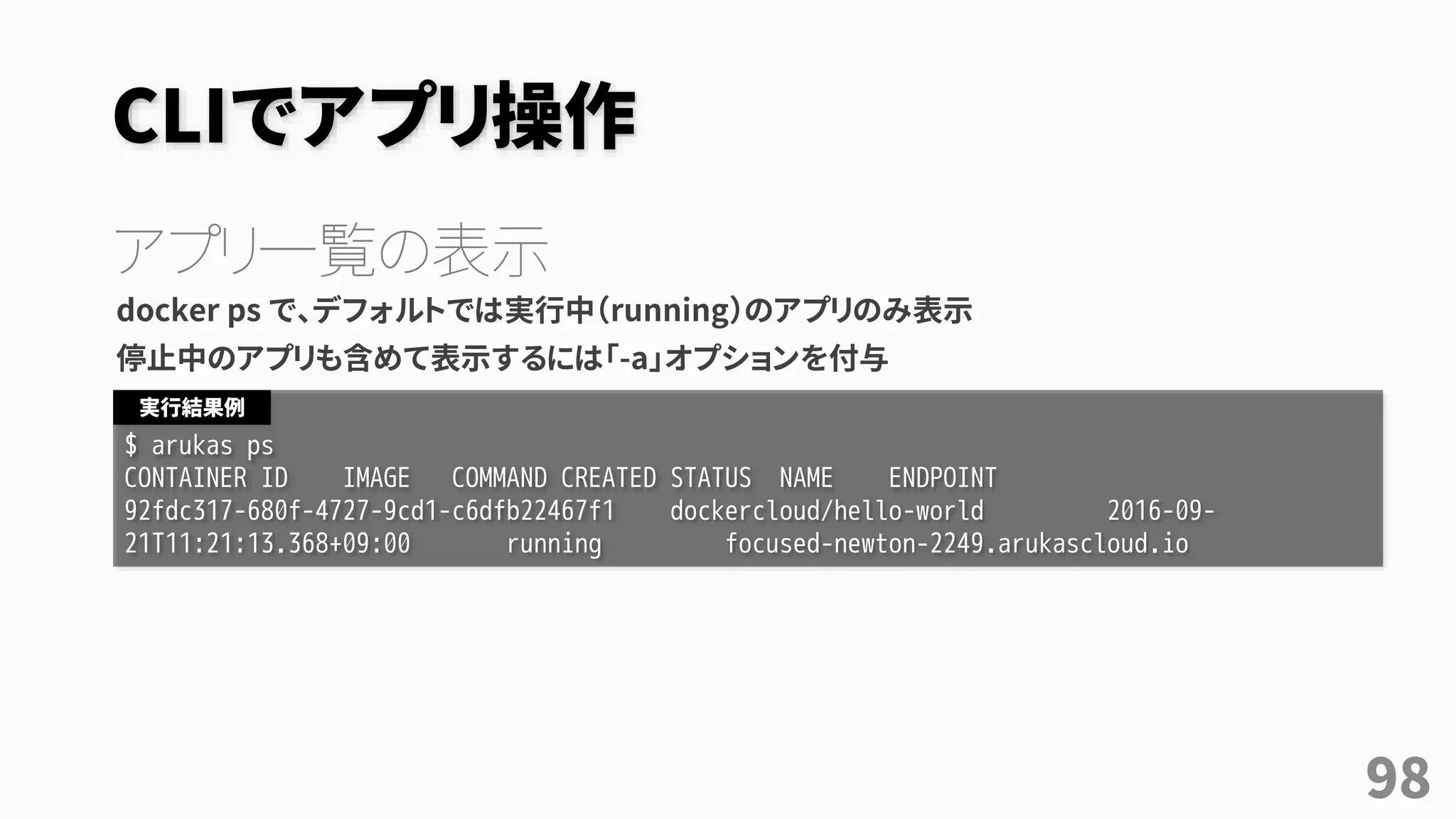 CLIでアプリ操作
アプリ一覧の表示
docker ps で、デフォルトでは実行中（running）のアプリのみ表示
停止中のアプリも含めて表示するには「-a」オプションを付与
$ arukas ps
CONTAINER ID IMAGE COMMAND CREATED STATUS NAME ENDPOINT
92fdc317-680f-4727-9cd1-c6dfb22467f1 dockercloud/hello-world 2016-09-
21T11:21:13.368+09:00 running focused-newton-2249.arukascloud.io
実行結果例
98
 