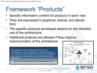 © 2014 Systems and Proposal Engineering Company. All Rights Reserved 
Framework “Products” 
• Specific information content for products in each view 
• They are expressed in graphical, textual, and tabular 
form 
• The specific products developed depend on the intended 
use of the architecture 
• Additional products are allowed if they improve 
communication of the architecture 
Presented by Mr. Truman Parmele at the DoD Architectures Conference 
February 24, 2004 
17 
“The Framework does not advocate the use of any one 
methodology (e.g., structured analysis vs. object orientation), or 
one notation over another (IDEF1X or ER notation) to complete this 
step, but products should contain the required information and 
relationships.” 
DoD Architecture Framework, Version 1.5 (23 April 2007) Vol. II, p. 2-6 
 