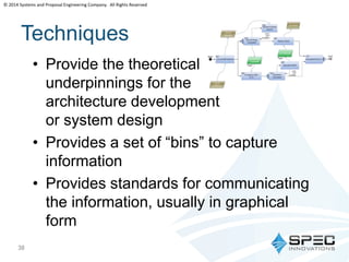 © 2014 Systems and Proposal Engineering Company. All Rights Reserved 
Techniques 
• Provide the theoretical 
38 
underpinnings for the 
architecture development 
or system design 
• Provides a set of “bins” to capture 
information 
• Provides standards for communicating 
the information, usually in graphical 
form 
 
