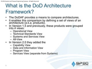 © 2014 Systems and Proposal Engineering Company. All Rights Reserved 
What is the DoD Architecture 
Framework? 
• The DoDAF provides a means to compare architectures. 
• It enables this comparison by defining a set of views of an 
architecture (a.k.a. products). 
• In Version 1.5 and previously, these products were grouped 
into 4 views: 
– Operational View 
– Technical Standards View 
– Systems and Services View 
– All-View 
• In Version 2.0 they added the 
– Capability View 
– Data and Information View 
– Program View 
– Services View (separate from Systems) 
9 
 