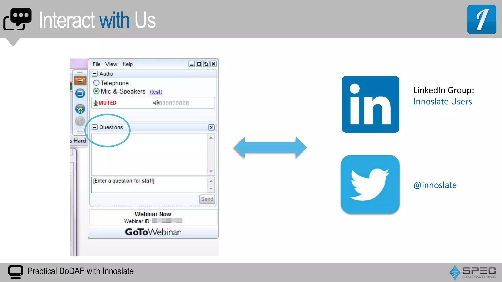 Interact with Us
LinkedIn Group:
Innoslate Users
@innoslate
Practical DoDAF with Innoslate
 