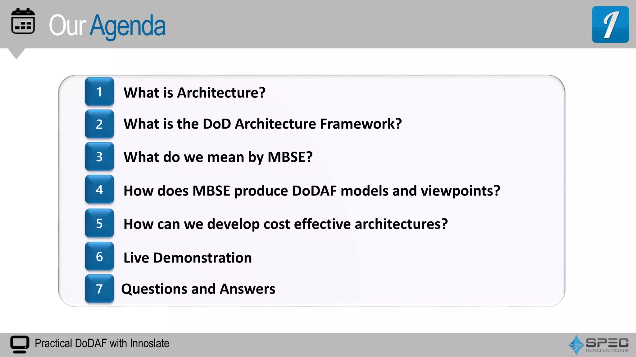 OurAgenda
1
2
3
4
5
6
7
Practical DoDAF with Innoslate
What is Architecture?
What is the DoD Architecture Framework?
What do we mean by MBSE?
Live Demonstration
Questions and Answers
How does MBSE produce DoDAF models and viewpoints?
How can we develop cost effective architectures?
 