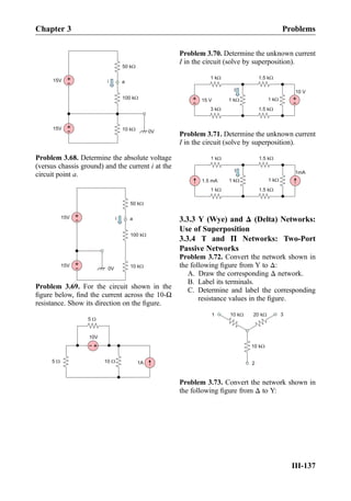 +
-15V
+
-15V
50 kW
100 kW
10 kW
a
0V
i
Problem 3.68. Determine the absolute voltage
(versus chassis ground) and the current i at the
circuit point a.
+
-15V
+
-15V
50 kW
100 kW
10 kW
a
0V
i
Problem 3.69. For the circuit shown in the
ﬁgure below, ﬁnd the current across the 10-Ω
resistance. Show its direction on the ﬁgure.
+
-
10V
1A
5 W
10 W5 W
Problem 3.70. Determine the unknown current
I in the circuit (solve by superposition).
I
+
- 15 V 1 kW
1 kW
3 kW
+
-
10 V
1.5 kW
1.5 kW
1 kW
Problem 3.71. Determine the unknown current
I in the circuit (solve by superposition).
I
1.5 mA 1 kW
1 kW
1 kW
1mA
1.5 kW
1.5 kW
1 kW
3.3.3 Y (Wye) and Δ (Delta) Networks:
Use of Superposition
3.3.4 T and Π Networks: Two-Port
Passive Networks
Problem 3.72. Convert the network shown in
the following ﬁgure from Y to Δ:
A. Draw the corresponding Δ network.
B. Label its terminals.
C. Determine and label the corresponding
resistance values in the ﬁgure.
1 3
2
10 kW 20 kW
10 kW
Problem 3.73. Convert the network shown in
the following ﬁgure from Δ to Y:
Chapter 3 Problems
III-137
 