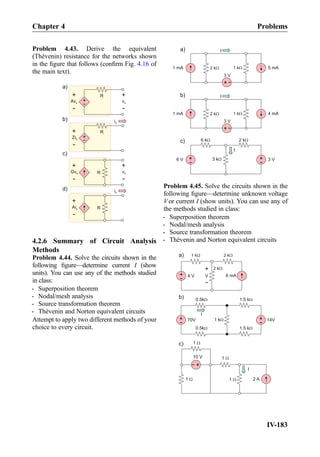 Problem 4.43. Derive the equivalent
(Thévenin) resistance for the networks shown
in the ﬁgure that follows (conﬁrm Fig. 4.16 of
the main text).
a)
R+
-
Avx
+
-
+
-
vx
R
+
-
Gvx
+
-
vx
R+
-
+
-
R
+
-
Aix
ix
ix
Zix
b)
c)
d)
4.2.6 Summary of Circuit Analysis
Methods
Problem 4.44. Solve the circuits shown in the
following ﬁgure—determine current I (show
units). You can use any of the methods studied
in class:
- Superposition theorem
- Nodal/mesh analysis
- Source transformation theorem
- Thévenin and Norton equivalent circuits
Attempt to apply two different methods of your
choice to every circuit.
1 mA 2 kW 1 kW
+
-
5 mA
3 V
I
1 mA 2 kW 1 kW
+
-
4 mA
3 V
I
a)
b)
+
-6 V
2 kW6 kW
+
- 3 V3 kW
I
c)
Problem 4.45. Solve the circuits shown in the
following ﬁgure—determine unknown voltage
V or current I (show units). You can use any of
the methods studied in class:
- Superposition theorem
- Nodal/mesh analysis
- Source transformation theorem
- Thévenin and Norton equivalent circuits
a)
b)
c)
6 mA
1 kW 2 kW
2 kW+
-
V+
- 4 V
I
+
- 70V 1 kW
0.5kW
0.5kW
+
- 14V
1.5 kW
1.5 kW
2 A1 W
1 W
+
-
10 V 1 W
1 W
I
Chapter 4 Problems
IV-183
 